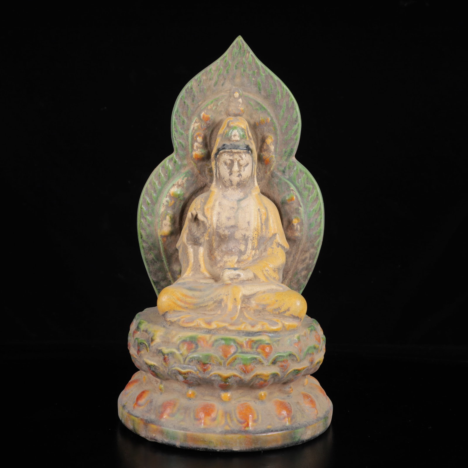 An Exquisite Tang Tri-Color Glazed Pottery Statue of Avalokitesvara Ornament: An Exquisite Tang Tri-Color Glazed Pottery Statue of Avalokitesvara Ornament,Tang Dynasty,China,Size:11inx5.9inx5.9in,Weight:1420g