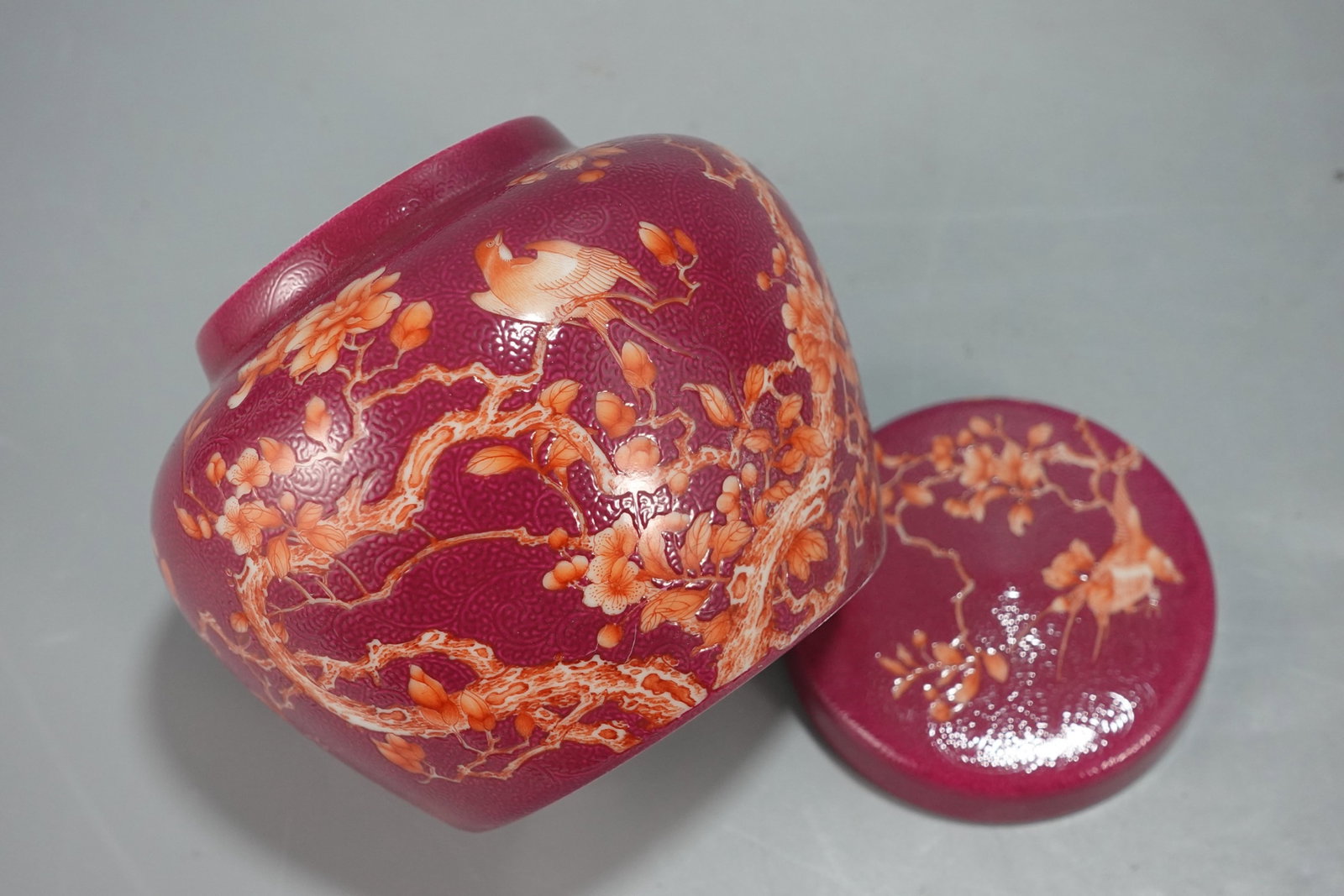 An Exquisite Ruby Red-Glazed Flower and Bird Pattern Jar - 7