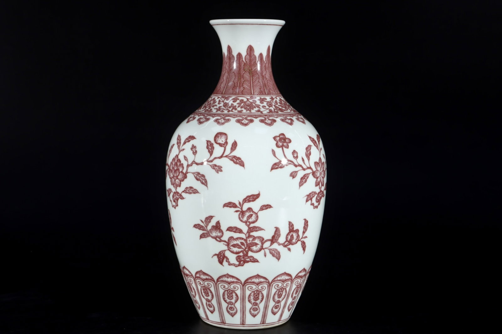 An Exquisite Underglaze-Red Flower and Fruit Pattern Vase: An Exquisite Underglaze-Red Flower and Fruit Pattern Vase,Qing Dynasty,China,Yongzheng Six-character Mark,Size:11.7inx6.3in 釉里红花果纹瓶,中国
