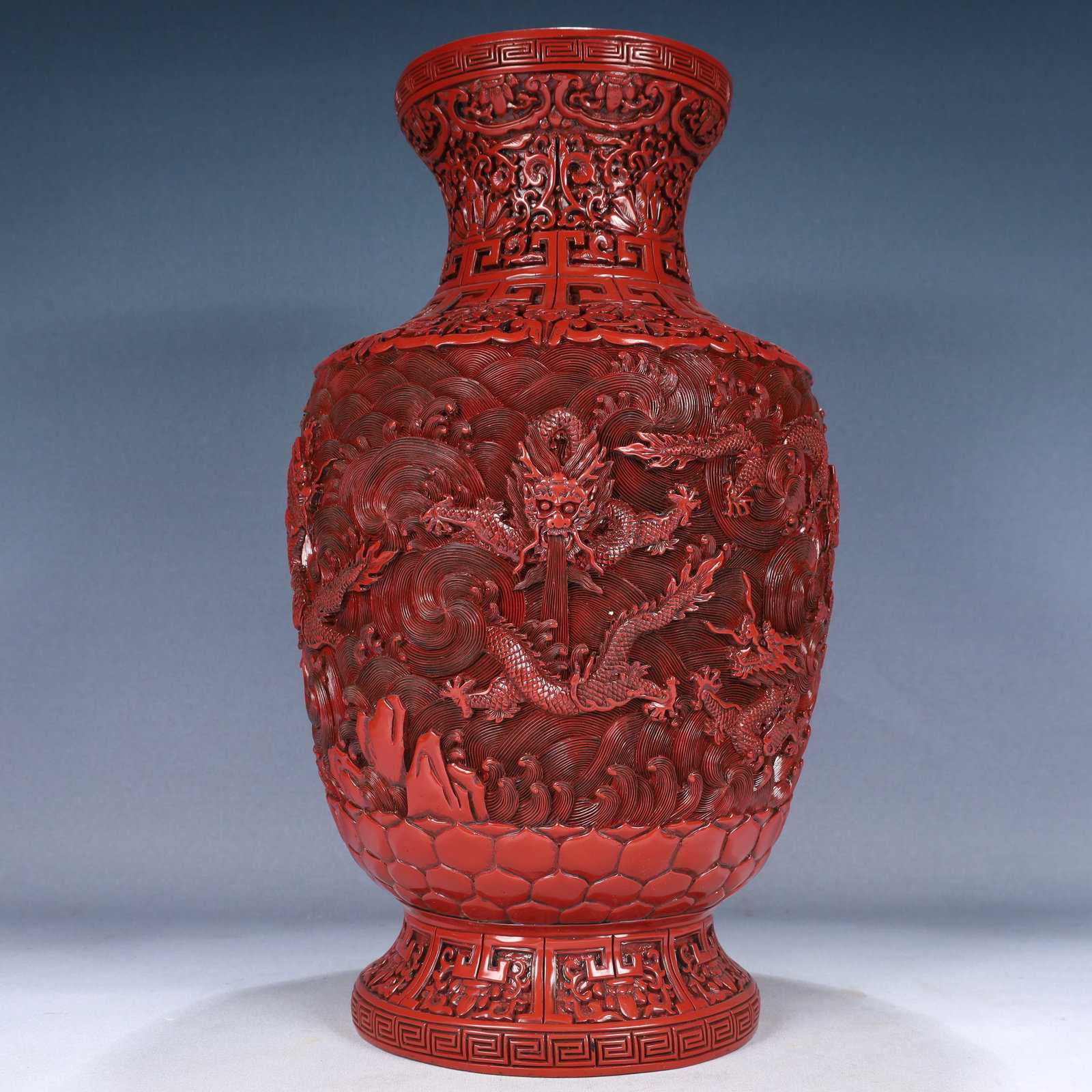 A Huge Carved Red Lacquer Seawater and Dragon Pattern Vase (1 of 10)