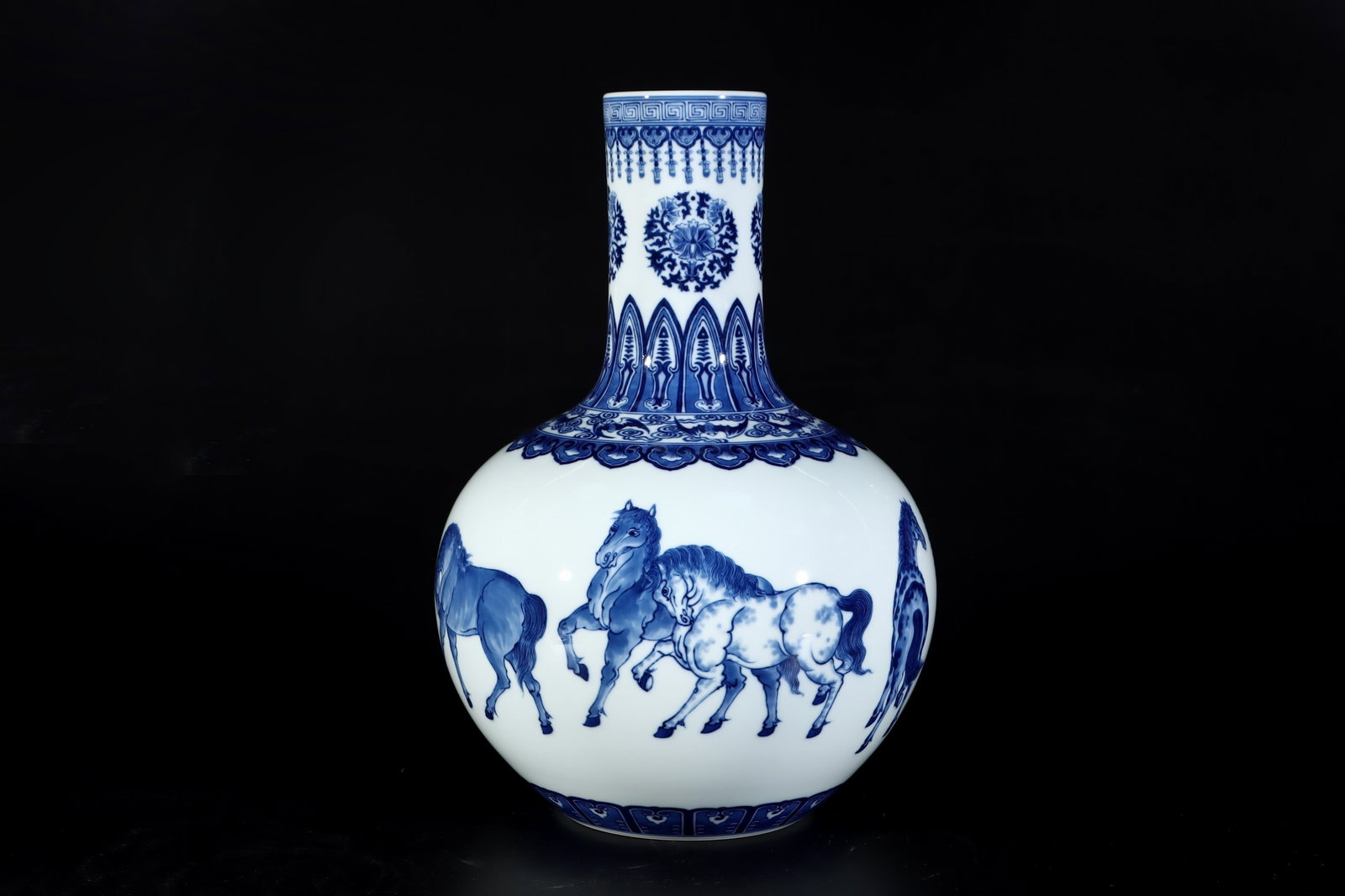 A Rare Blue and White Horse Pattern Vase: A Rare Blue and White Horse Pattern Vase,Qing Dynasty,China,Qianlong Six-character Mark,Size:14.8inx10.2in