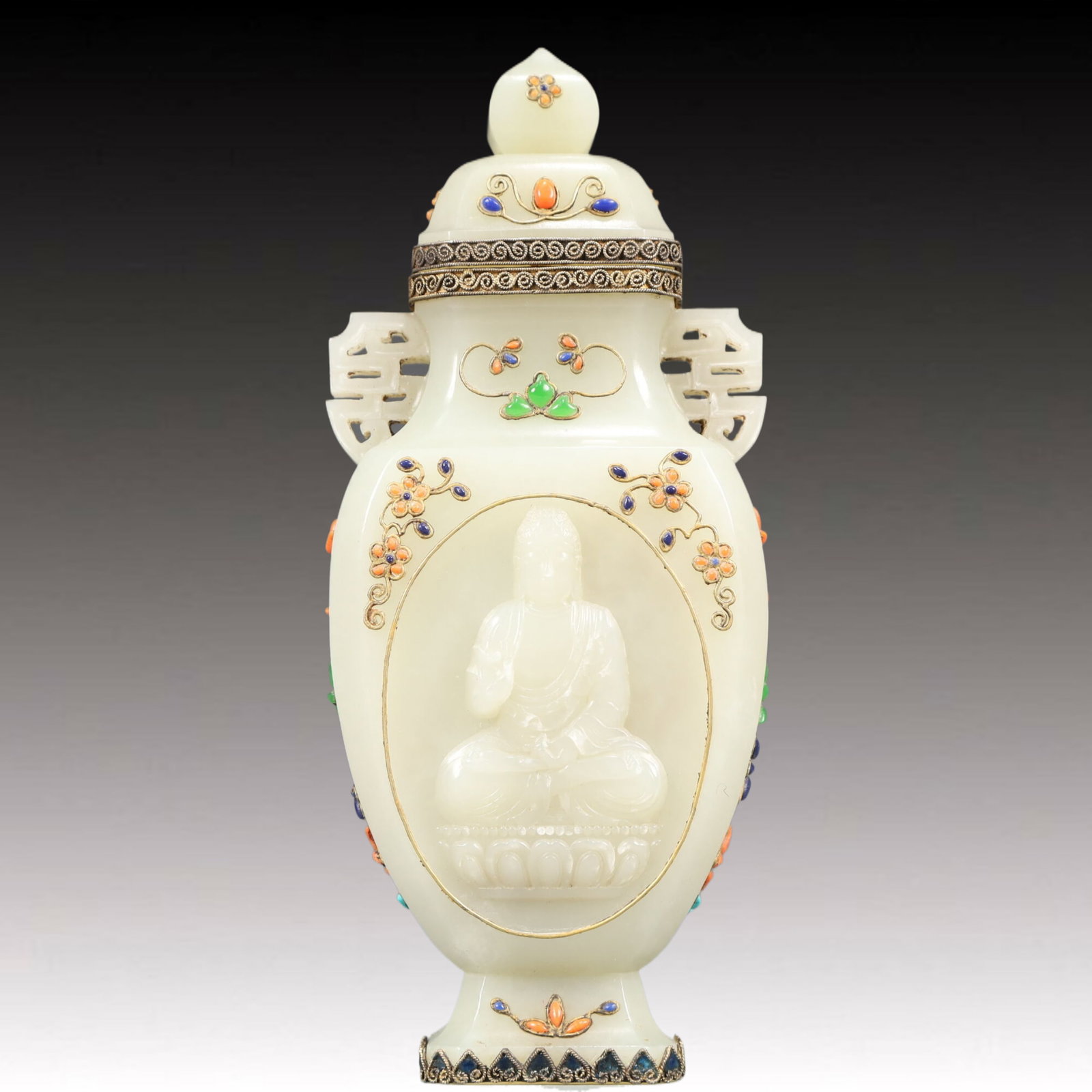 An Exquisite White Jade Inlaid Gems Sakyamuni Image Double-Ears Vase: An Exquisite White Jade Inlaid Gems Sakyamuni Image Double-Ears Vase,Qing Dynasty, China,Qianlong Four-character Mark,Size:7x4.5x6.7in Weight:450g 白玉嵌宝石释Ű