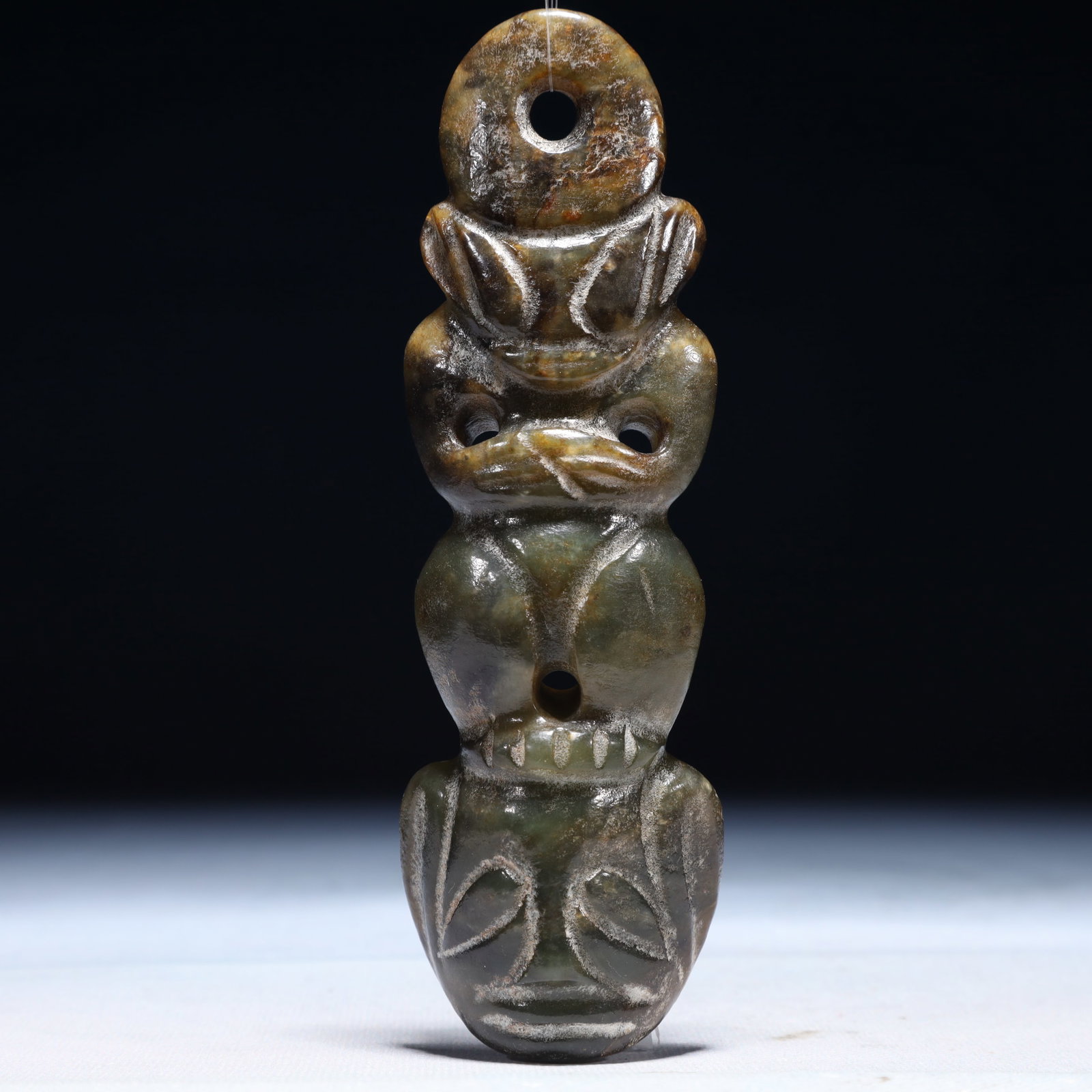An Archaic Hongshan Culture Greenish Jade Figure Pendant: An Archaic Hongshan Culture Greenish Jade Figure Pendant,Ancient Time,China,Size:1.8inx0.6inx6.1in,Weight:200g 红山文化青白玉人物挂件,