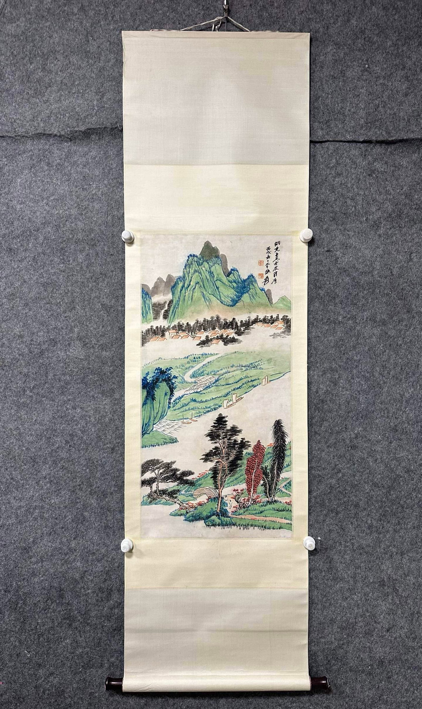 A Chinese Vertical Scroll Ink Painting of Landscape on Paper: A Chinese Vertical Scroll Ink Painting of Landscape on Paper,Zhang Daqian,Size:16.5inx33.1in 一幅中国水墨山水画立轴,张大&#