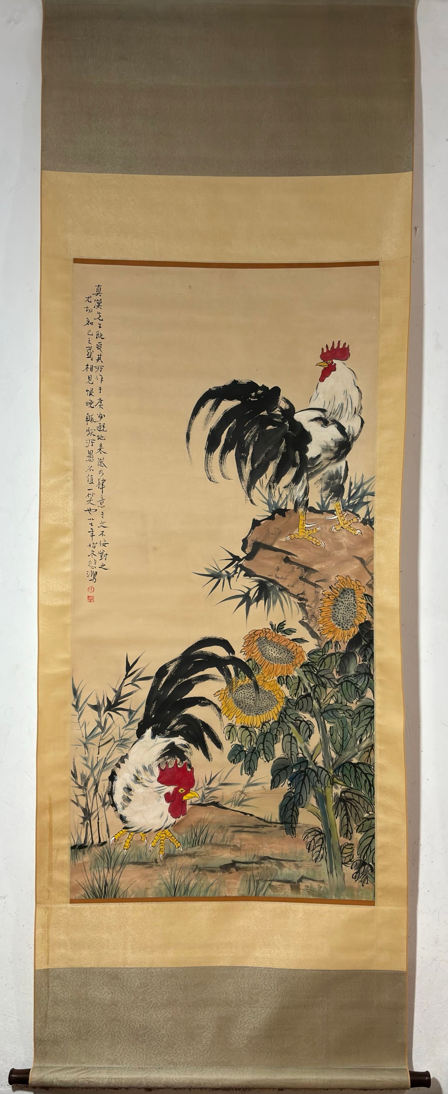 A Chinese Vertical Scroll Ink Painting of Flower and Rooster on Paper (1 of 6)