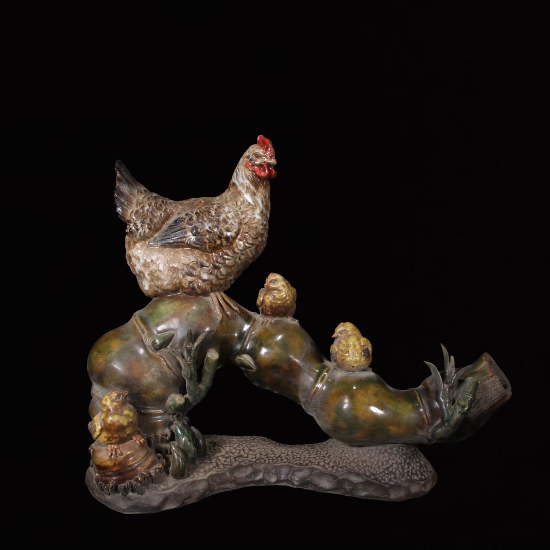 A Huge Shiwan yao Bamboo and Chicken Ornament: A Huge Shiwan yao Bamboo and Chicken Ornament,Qing Dynasty, China,Size:19.7inx6.7inx16.1in 石湾窑竹子鸡摆件,中国清代