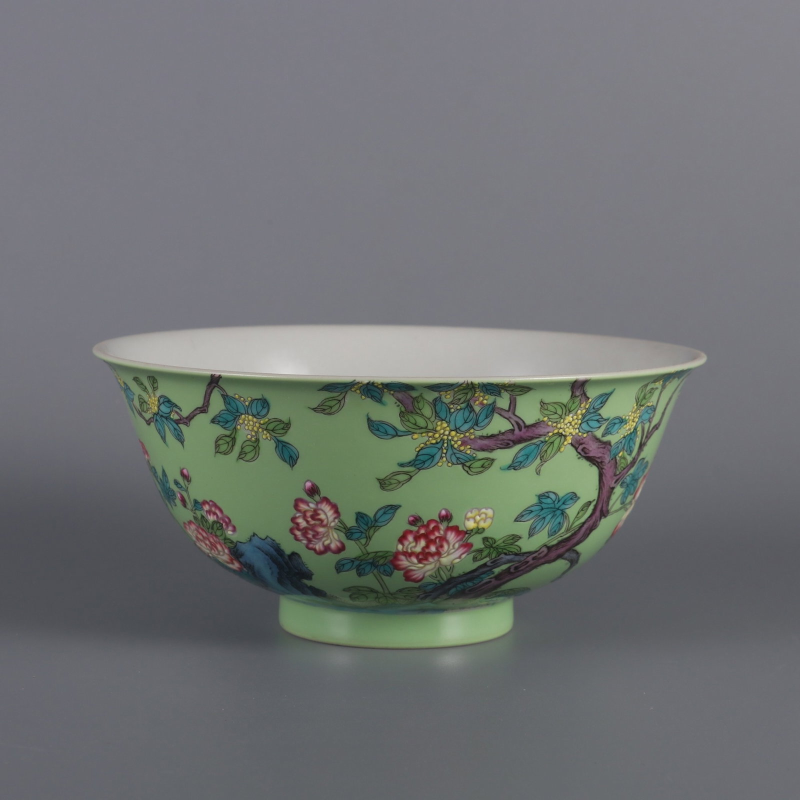 An Exquisite Green Ground Enamel Flower Pattern Bowl: An Exquisite Green Ground Enamel Flower Pattern Bowl,with poem Qing Dynasty,China,Yongzheng Four-character Mark,Size:2.8inx6in 绿地珐琅彩花卉纹碗,
