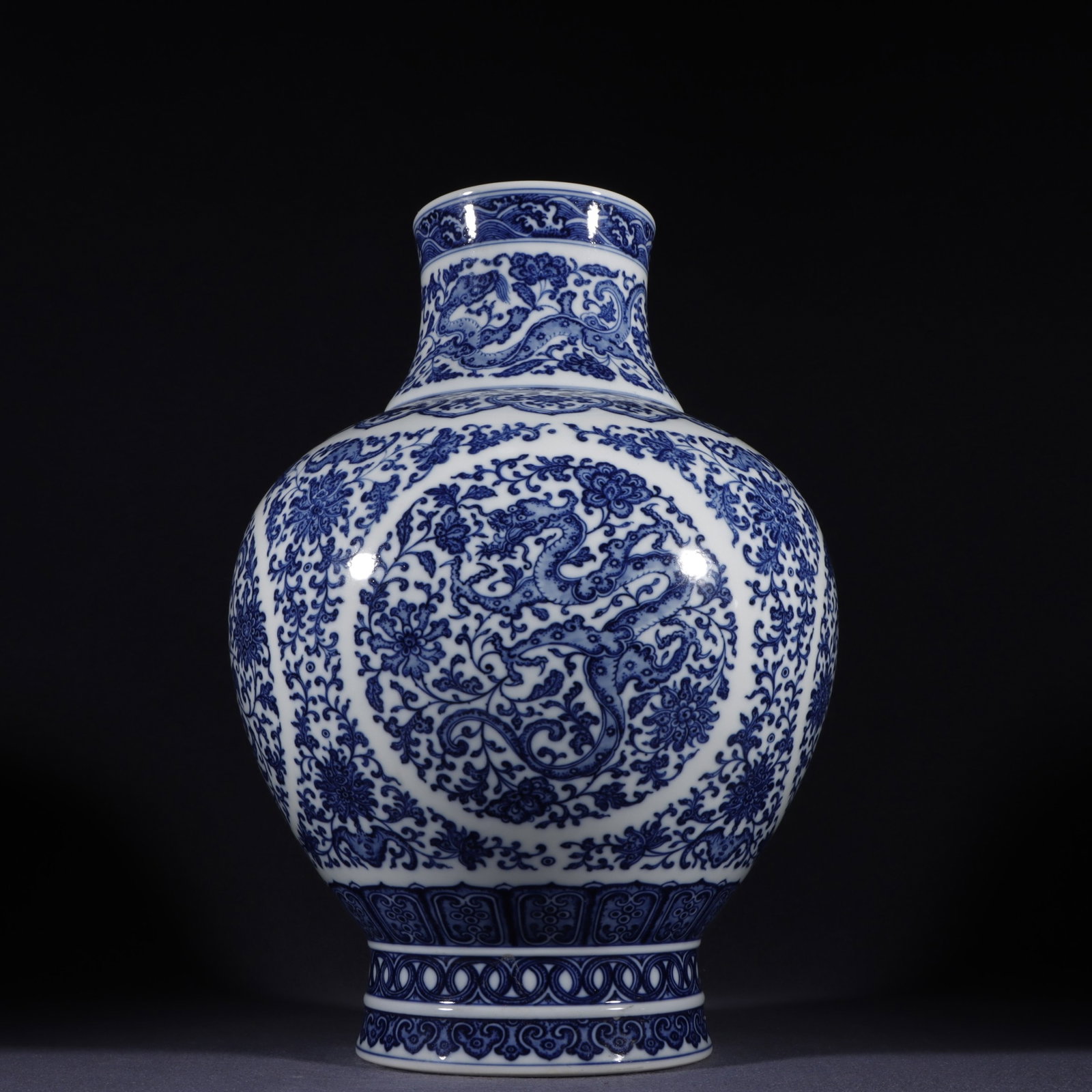 A Rare Blue and White Lotus and Dragon Pattern Vase: A Rare Blue and White Lotus and Dragon Pattern Vase,Qing Dynasty,China,Qianlong Six-character Mark,Size:13.8inx9.4in 青花缠枝莲龙纹瓶,中国&#