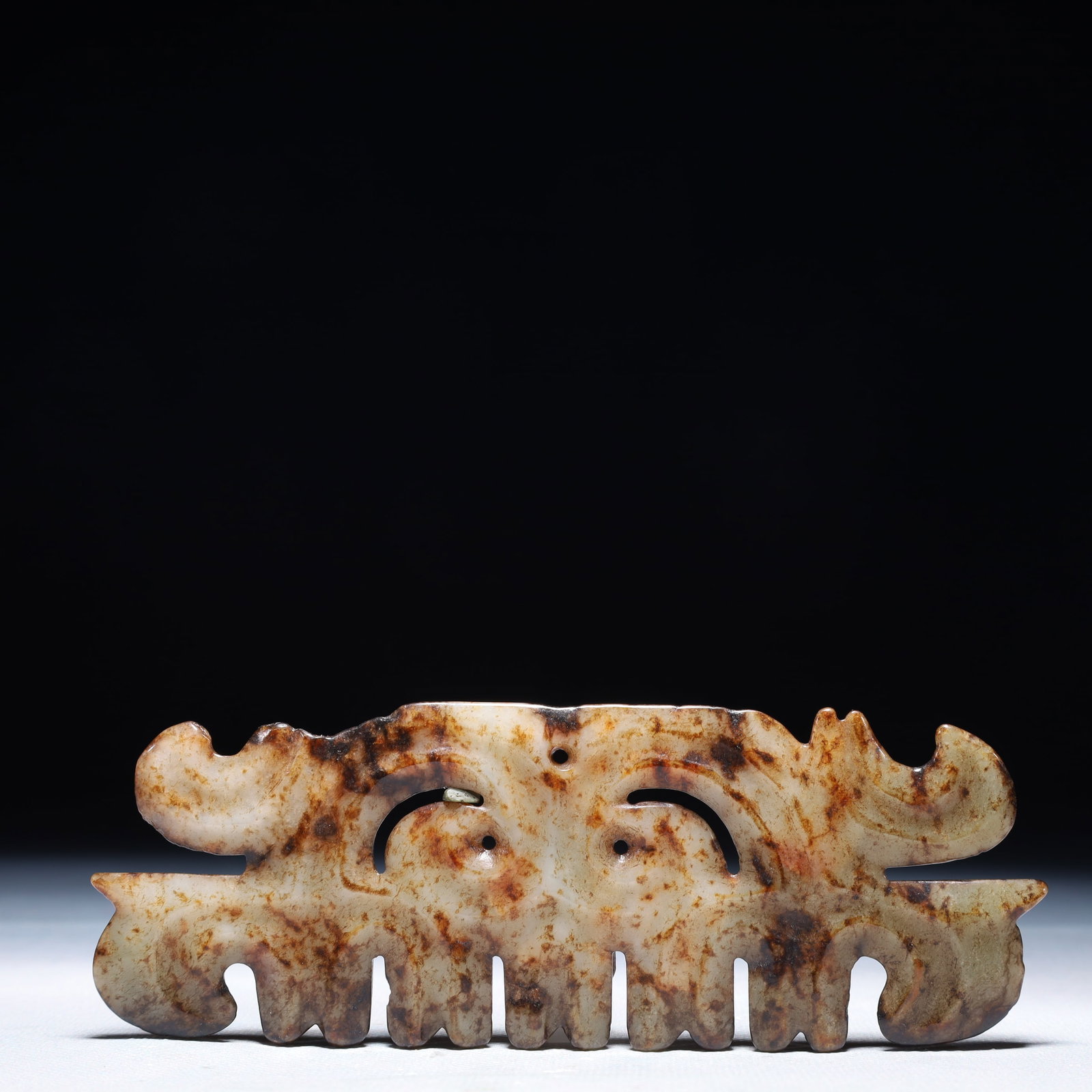An Archaic Hongshan Culture White Jade Beast-Face Pattern Pendant: An Archaic Hongshan Culture White Jade Beast-Face Pattern Pendant,Ancient Time,China,Size:5.9inx2in,Weight:69.6g 红山文化白玉兽面纹挂件