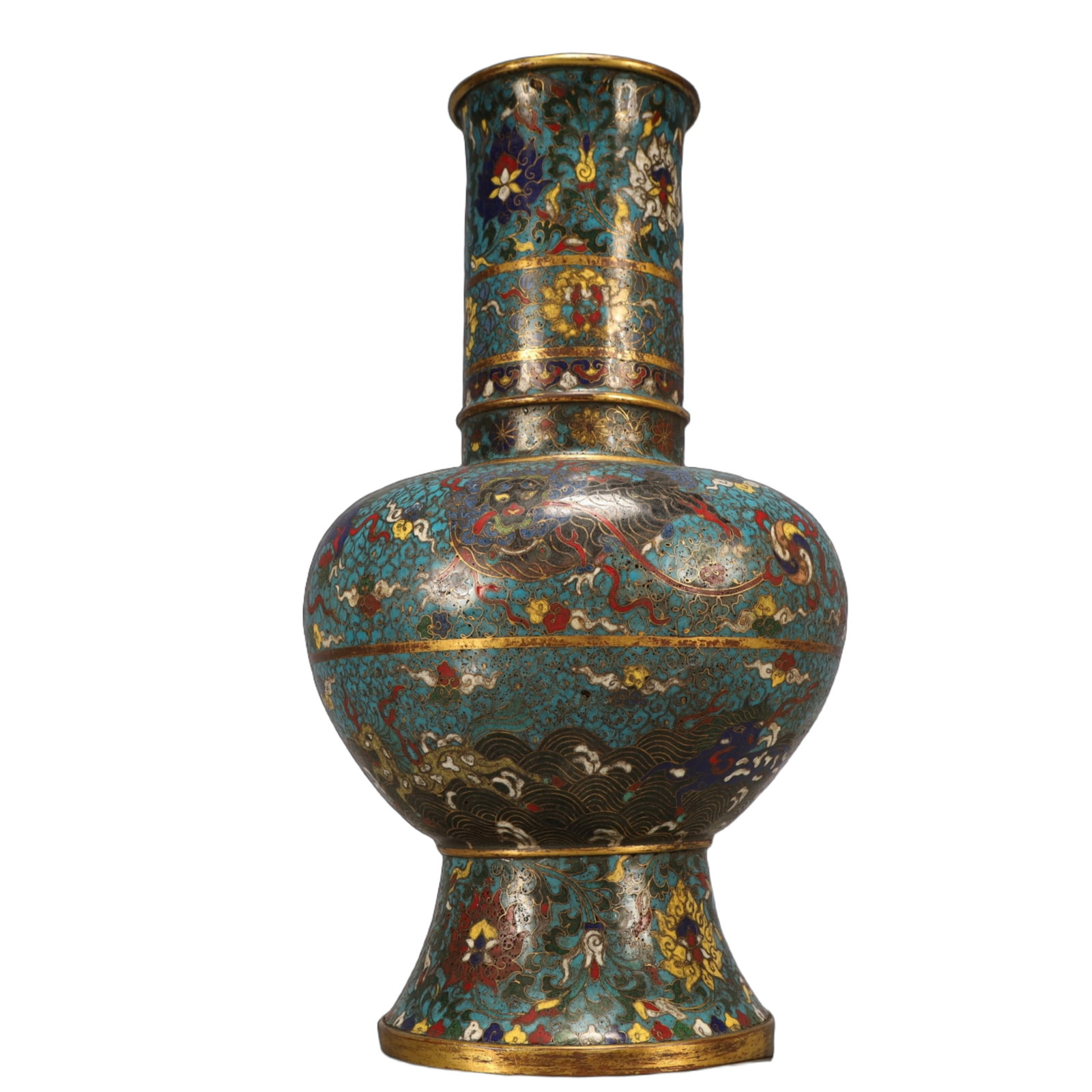 A Huge Cloisonne Lotus,Seawater and Auspicious Beast Pattern Vase: A Huge Cloisonne Lotus,Seawater and Auspicious Beast Pattern Vase,Ming Dynasty, China,Jingtai Four-character Mark,Size:8.3inx15.7in,Weight:2900g