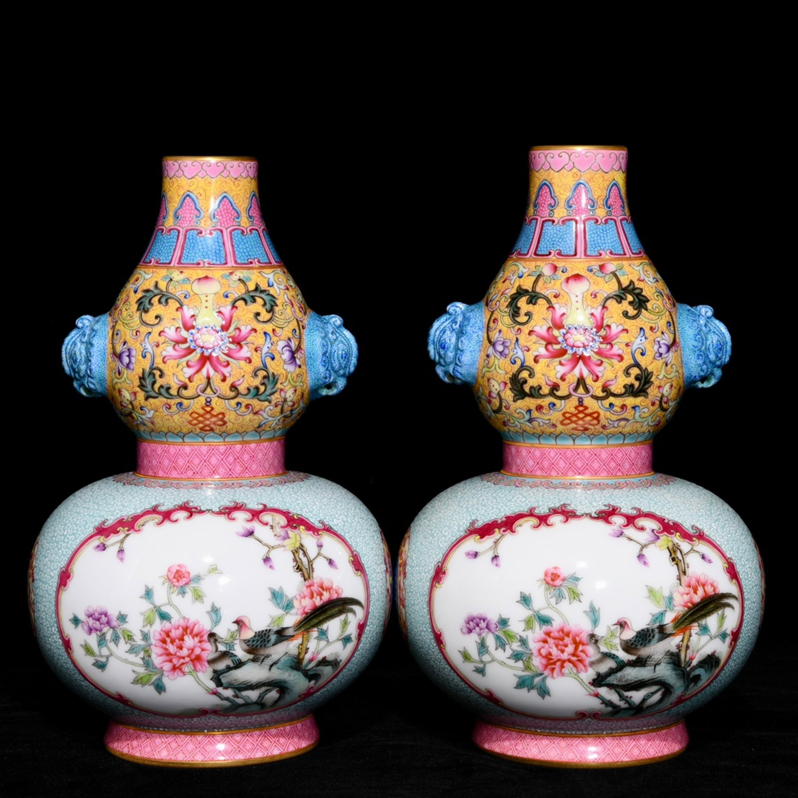 A Pair of Exquisite Enamel Flower and Bird Pattern Beast-Ears Gourd-Shaped Vases: A Pair of Exquisite Enamel Flower and Bird Pattern Beast-Ears Gourd-Shaped Vases,Qing Dynasty,China,Qianlong Four-character Mark,Size:8.9inx5.5in 一对珐琅彩花࿏
