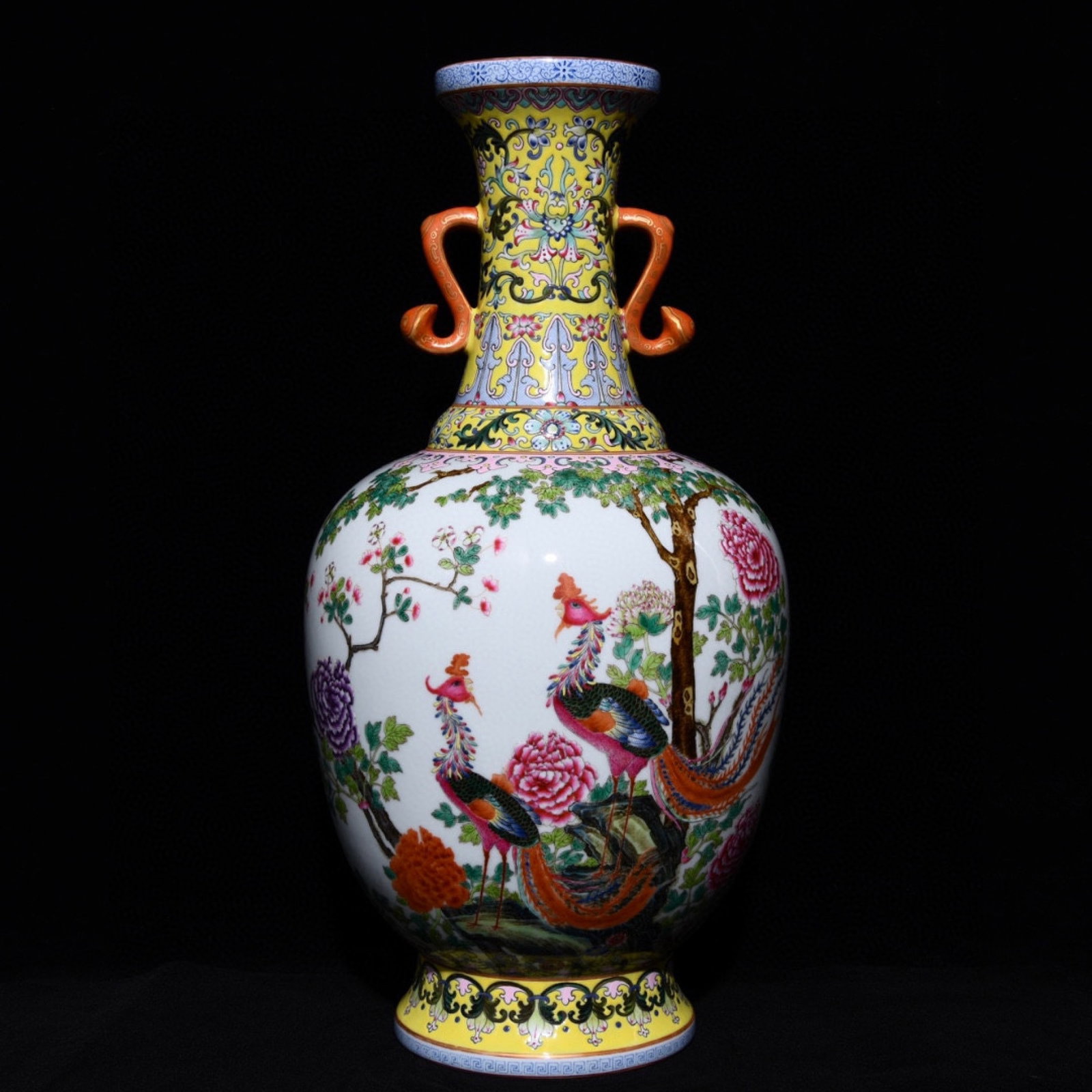 A Huge Famille-Rose Flower and Phoenix Pattern Double-Ears Vase: A Huge Famille-Rose Flower and Phoenix Pattern Double-Ears Vase,Qing Dynasty,China,Qianlong Six-Character Mark,Size:16.9inx8.7in 粉彩花卉凤纹双耳瓶