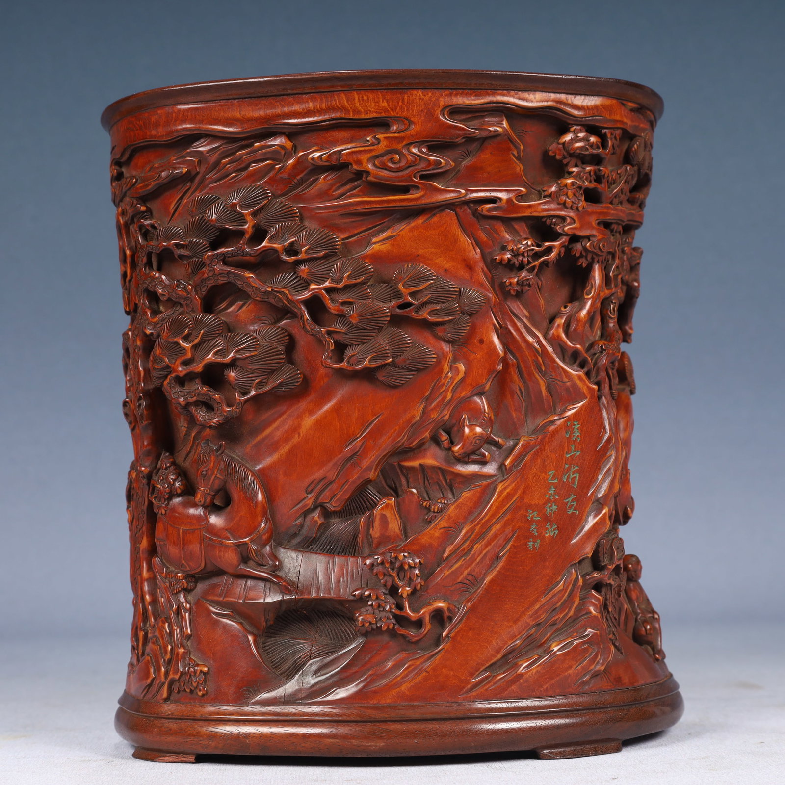 An Exquisite Huanghuali wood Landscape and Figure Pattern Four Legs Brush Pot: An Exquisite Huanghuali wood Landscape and Figure Pattern Four Legs Brush Pot,Qing Dynasty, China,Size:7.5inx5.9inx8.3in,Weight:2050g