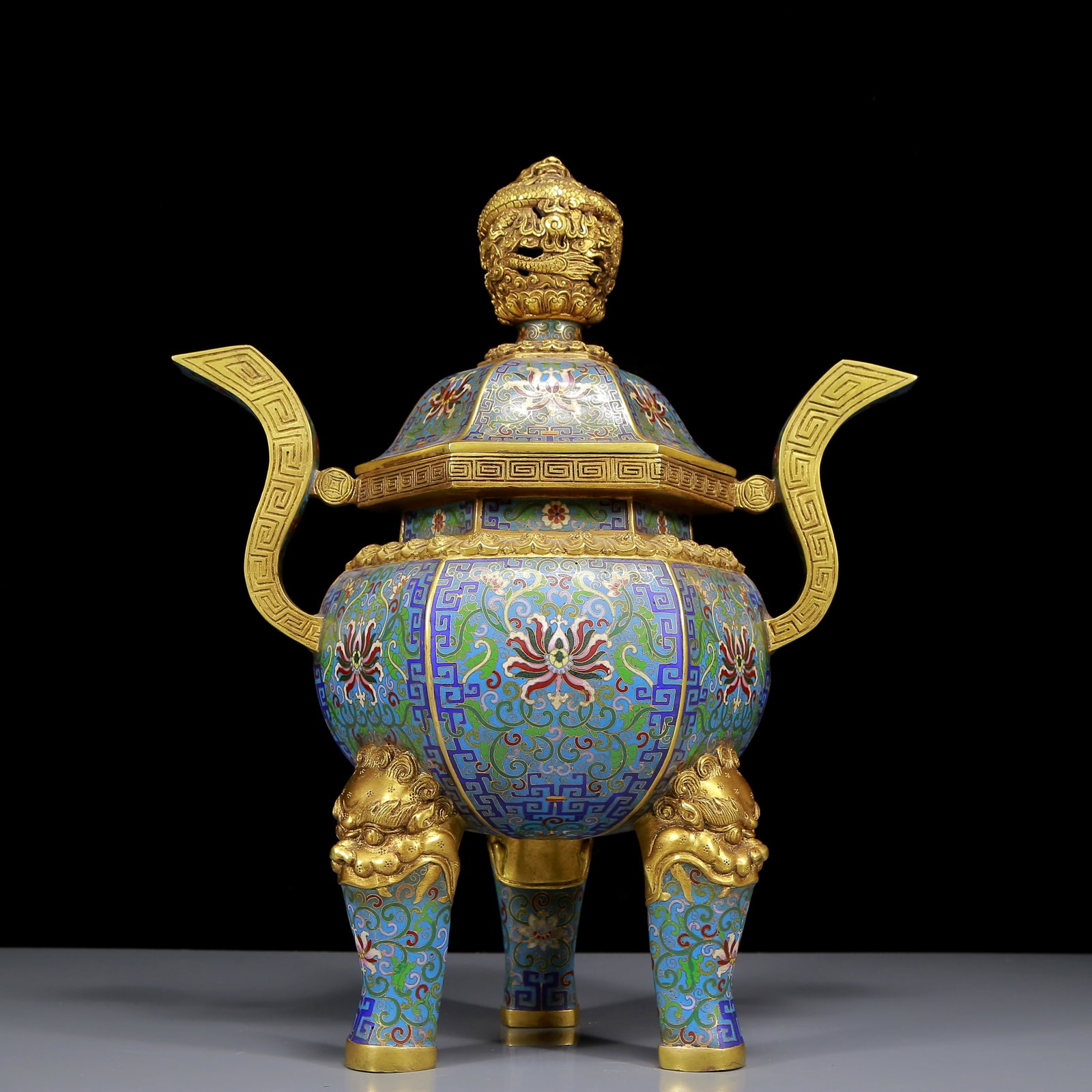 A Huge Cloisonne Lotus Pattern Double-Ears and Tripod Censer: A Huge Cloisonne Lotus Pattern Double-Ears and Tripod Censer,Qing Dynasty, China,Qianlong Four-character Mark,Size:13.8inx6.7inx16.1in,Weight:9760g