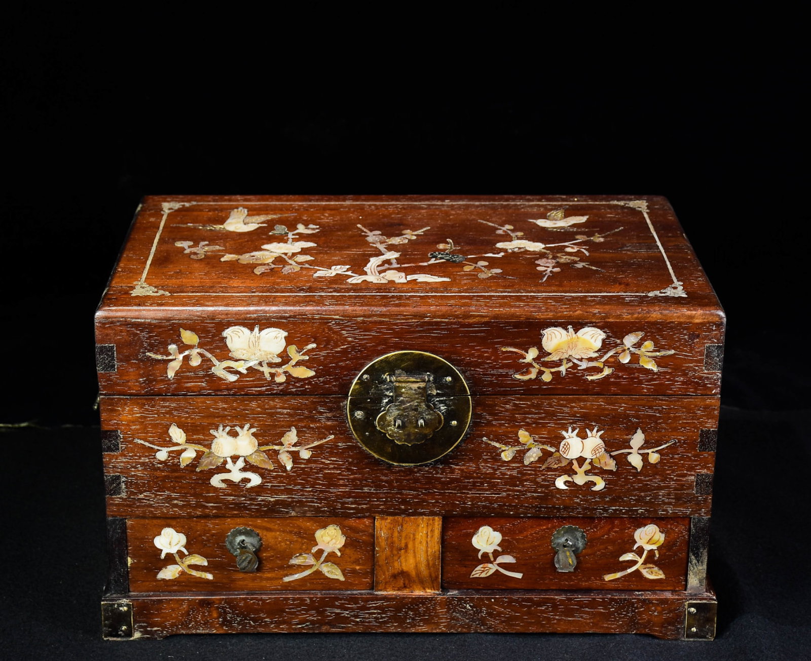 A Rare Huanghuali wood Inlaid Shell Flower and Bird Pattern Box: A Rare Huanghuali wood Inlaid Shell Flower and Bird Pattern Box,Qing Dynasty,China,Size:9.4inx16.1inx9.6in 黄花梨木镶贝壳花鸟纹箱,