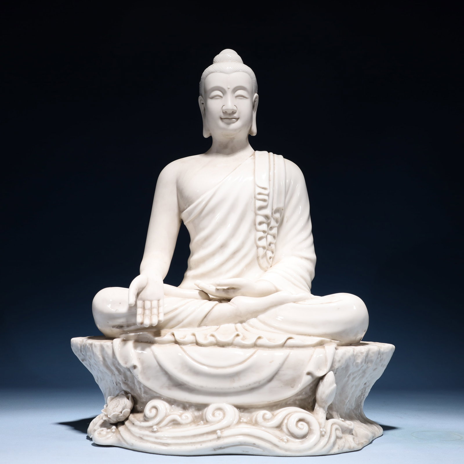 A Solemn Blance-De-Chine Statue of Sakyamuni: A Solemn Blance-De-Chine Statue of Sakyamuni Blance-De-Chine Statue of Sakyamuni,Ming Dynasty,China,He Chaozong Mark,Size:15inx9.8inx19.3in,Weight:7050g