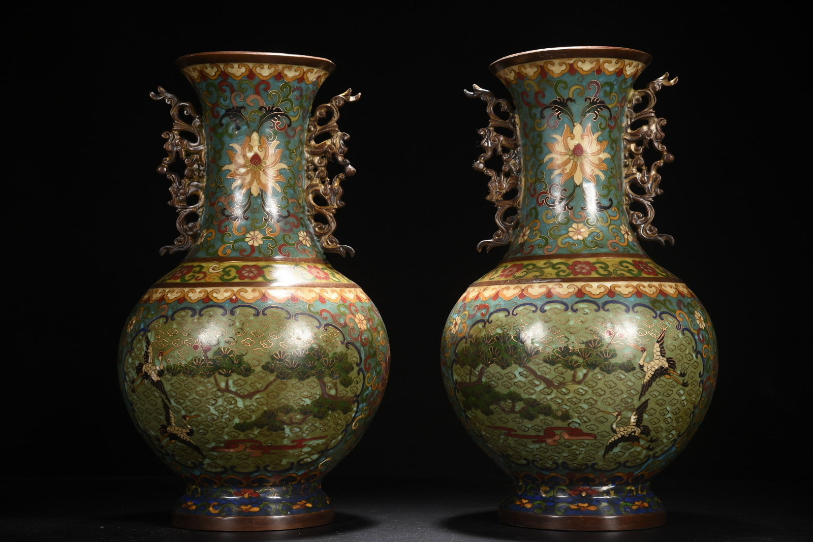 A Pair of Exquisite Cloisonne Pine and Crane Pattern Double-Ears Vase: A Pair of Exquisite Cloisonne Pine and Crane Pattern Double-Ears Vases,Qing Dynasty,China,Qianlong Six-character Mark,Size:14.2inx5.1inx7.5in,Weight:8205g