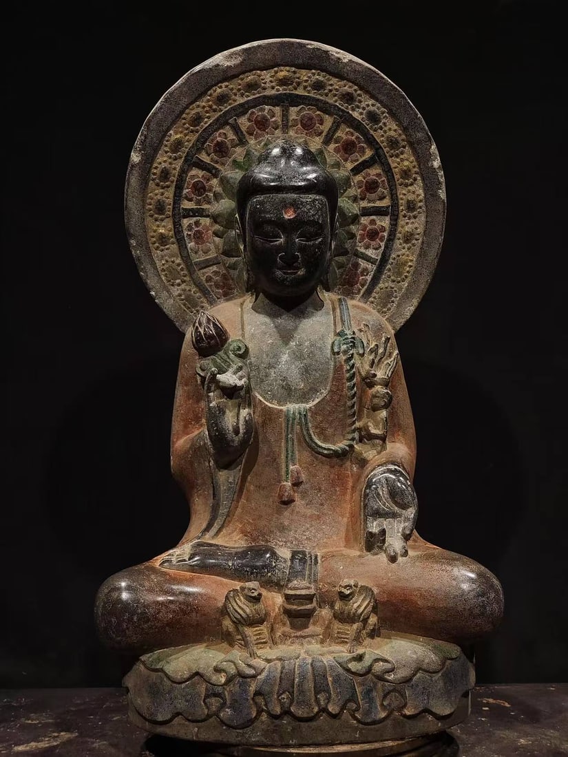A Rare Limestone Painted Color Buddha Statue Ornament: A Rare Limestone Painted Color Buddha Statue Ornament,N.Wei , China,Size:28.3inx15.7inx10.2in