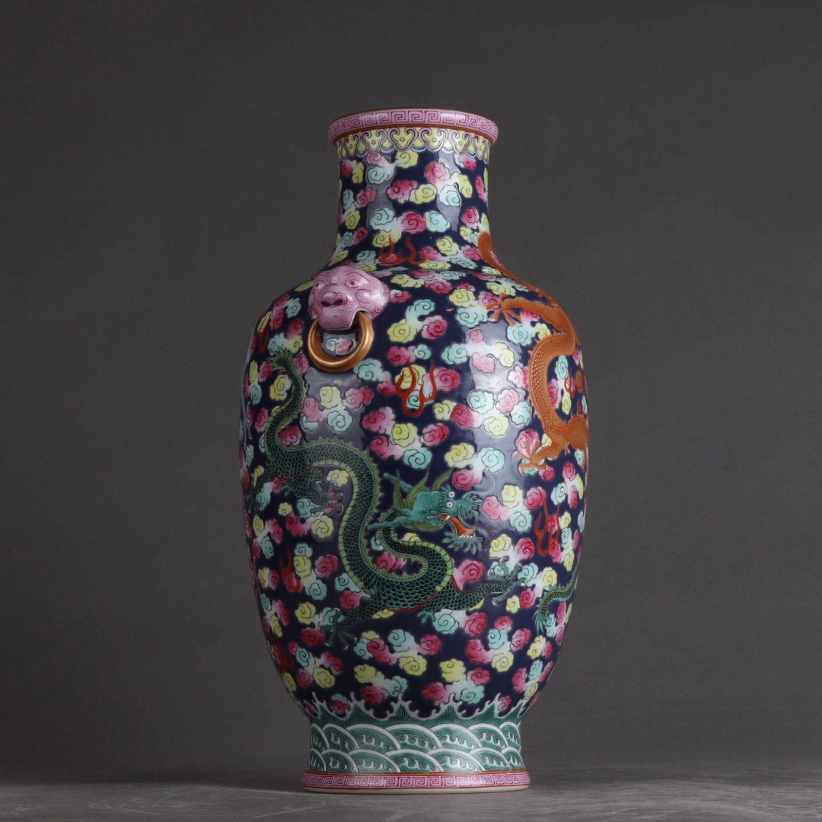 A Rare Famille-Rose Auspicious Cloud and Dragon Pattern Beast-Ears Vase (1 of 9)