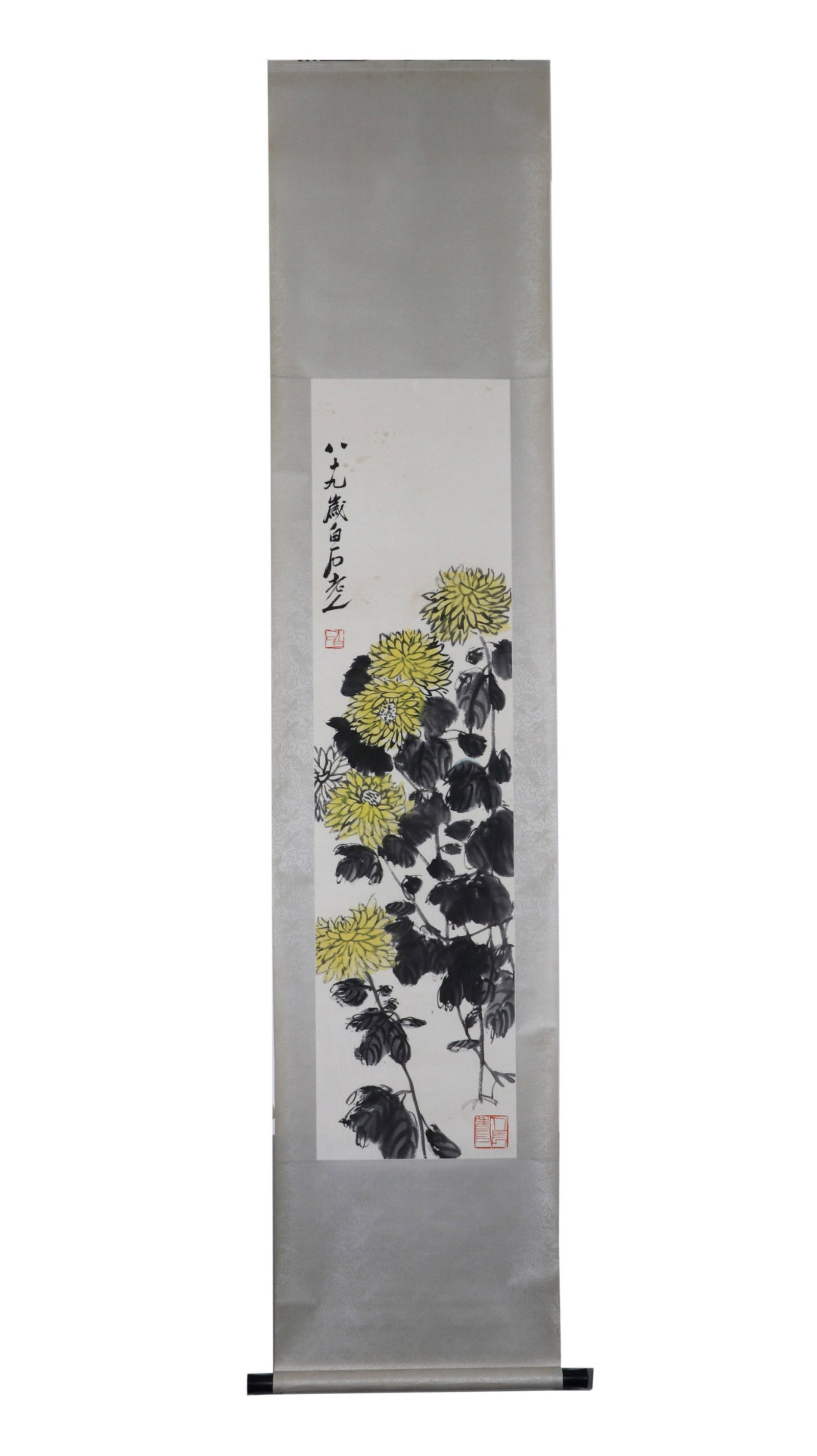 A Chinese Vertical Scroll Ink Painting of Flower on Paper: A Chinese Vertical Scroll Ink Painting of Flower on Paper,Qi Baishi,Size:53.9inx13.4in 一幅中国水墨花卉画立轴,齐白石