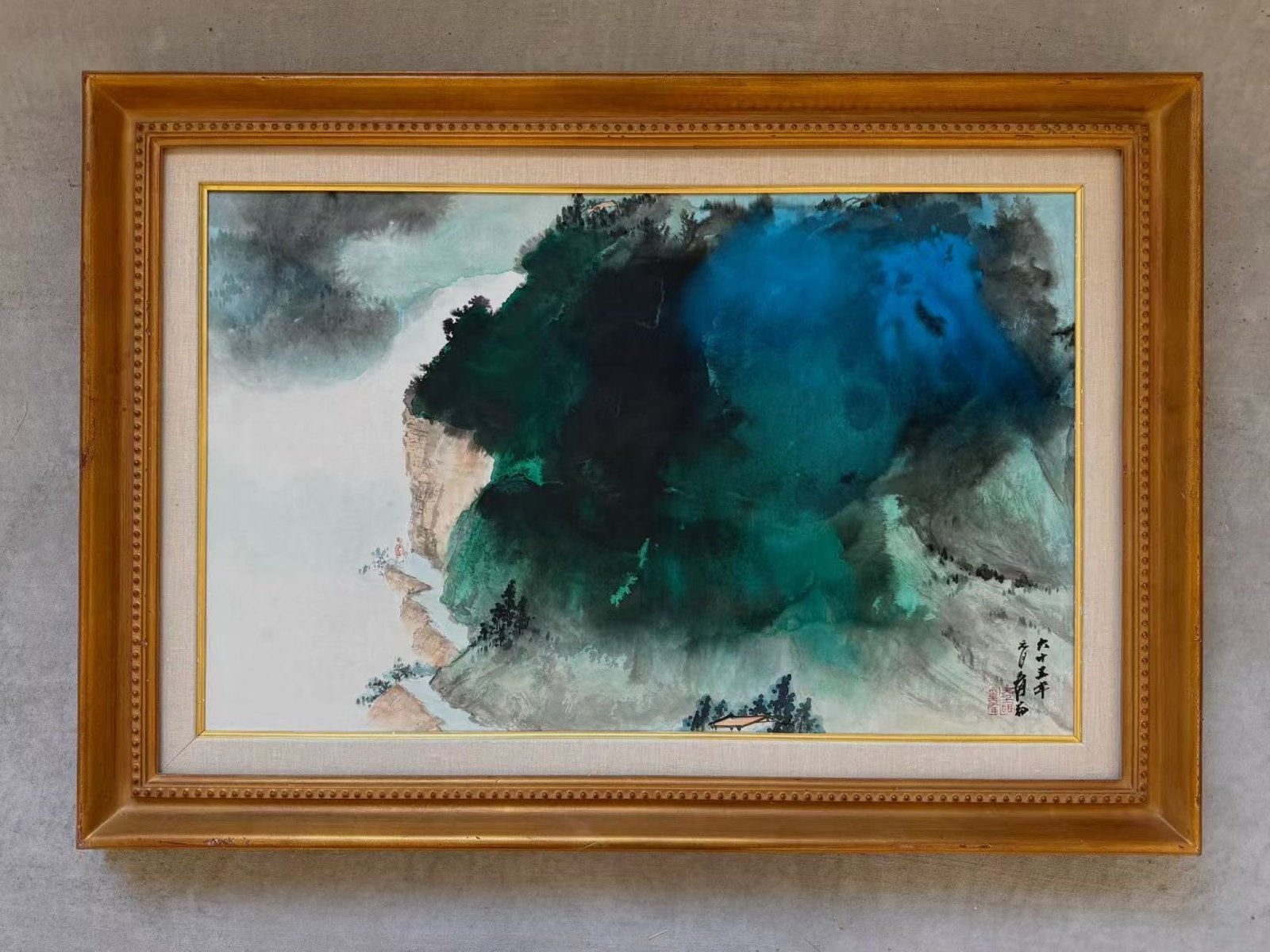 A Chinese Ink Painting of Landscape on Paper with Frame: A Chinese Ink Painting of Landscape on Paper with Frame,Zhang Daqian,Size:(Without frame)19.7inx31.5in,(画框)28.3inx40.2in 一幅中国水墨山水&