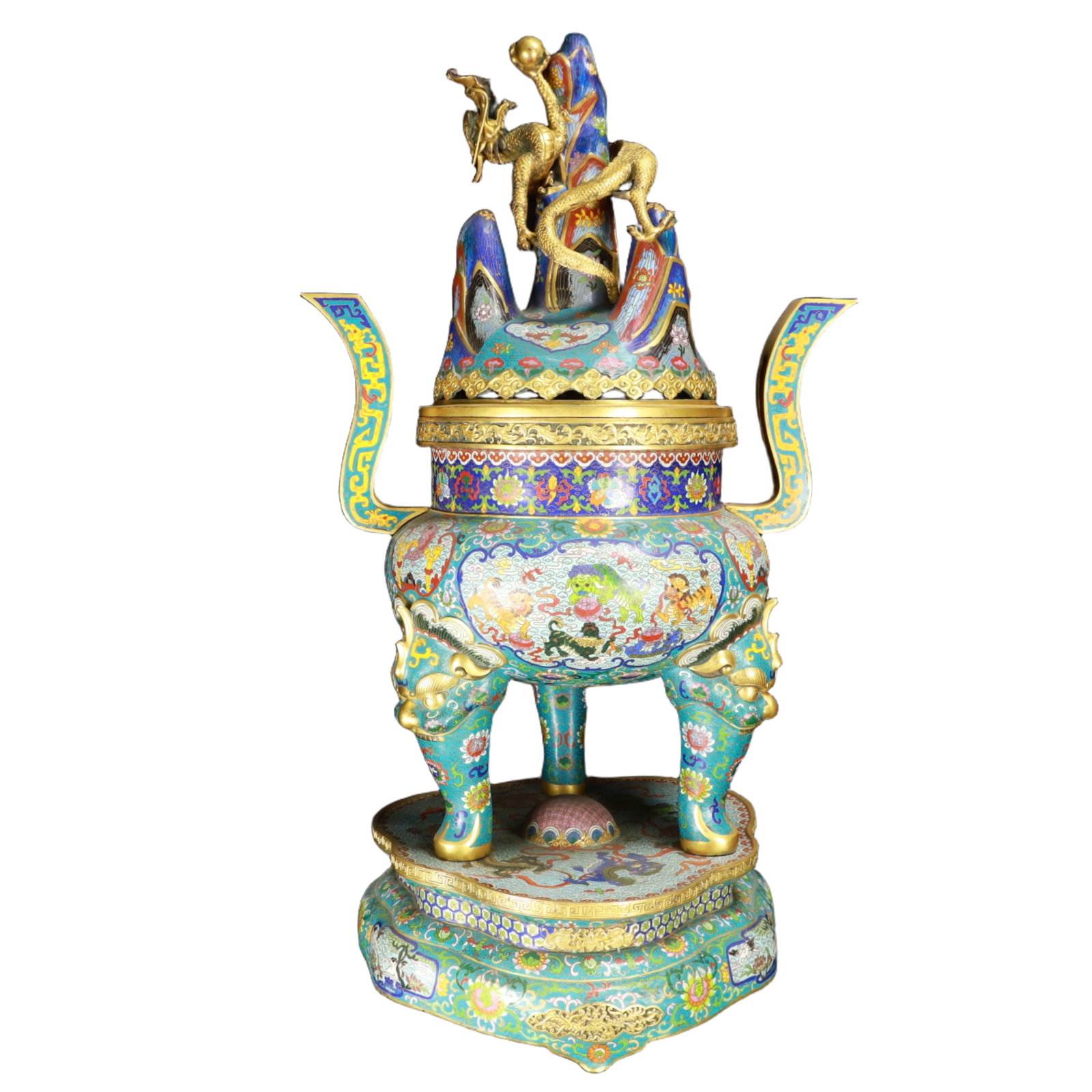 An Exquisite Cloisonne Auspicious Cloud and Beast Pattern Double-Ears and Tripod Censer,with Base: An Exquisite Cloisonne Auspicious Cloud and Beast Pattern Double-Ears and Tripod Censer,with Base,Qing Dynasty,China,Qianlong Six-character Mark,Size:16.9inx12.2inx31.9in,Weight:30150g 景泰