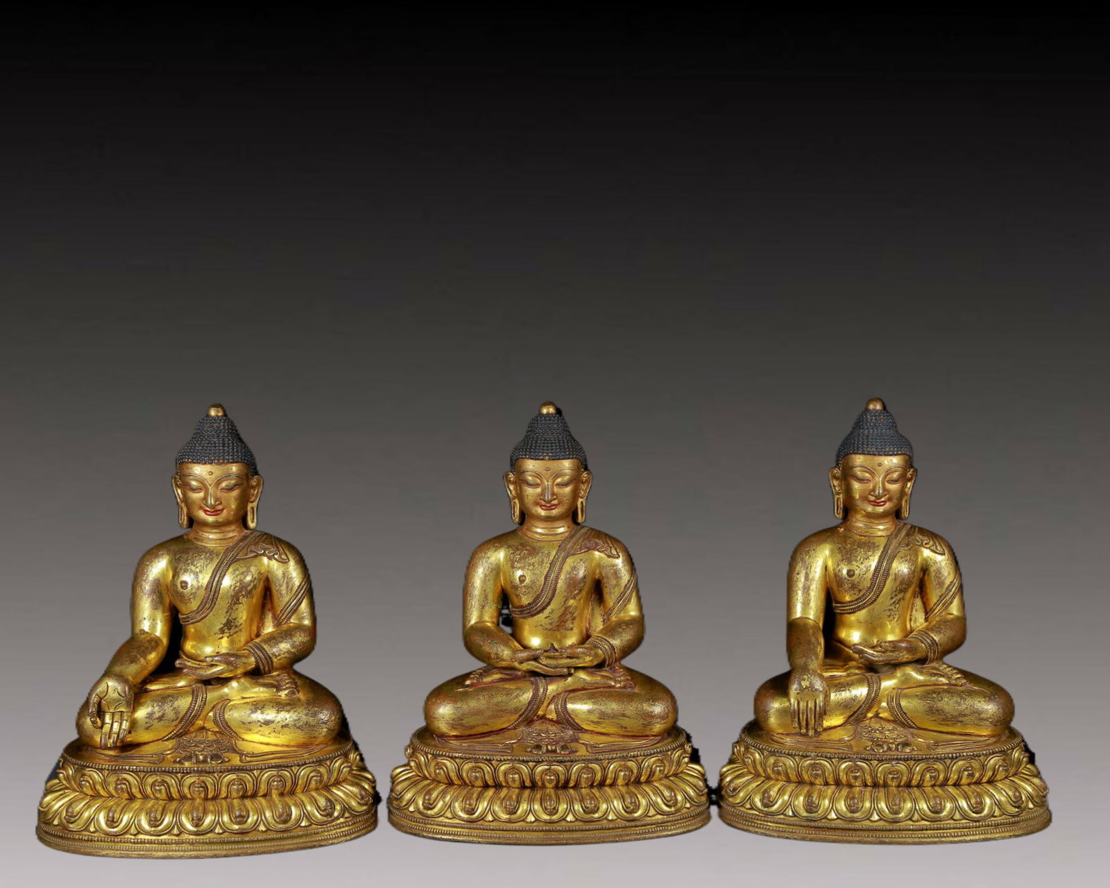 Three Brilliant Gilt-Bronze Figures Of Buddha: Three Brilliant Gilt-Bronze Figures Of Buddha. Each is seated, hair tied into a high chignon and cast with ringlet curls, body rendered clad in long, flowing robes. 16th Century.