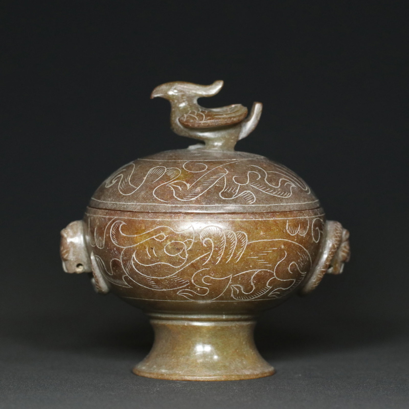 An Exquisite Archaic Jade Dragon and Phoenix Pattern Double-Ears Censer (1 of 9)