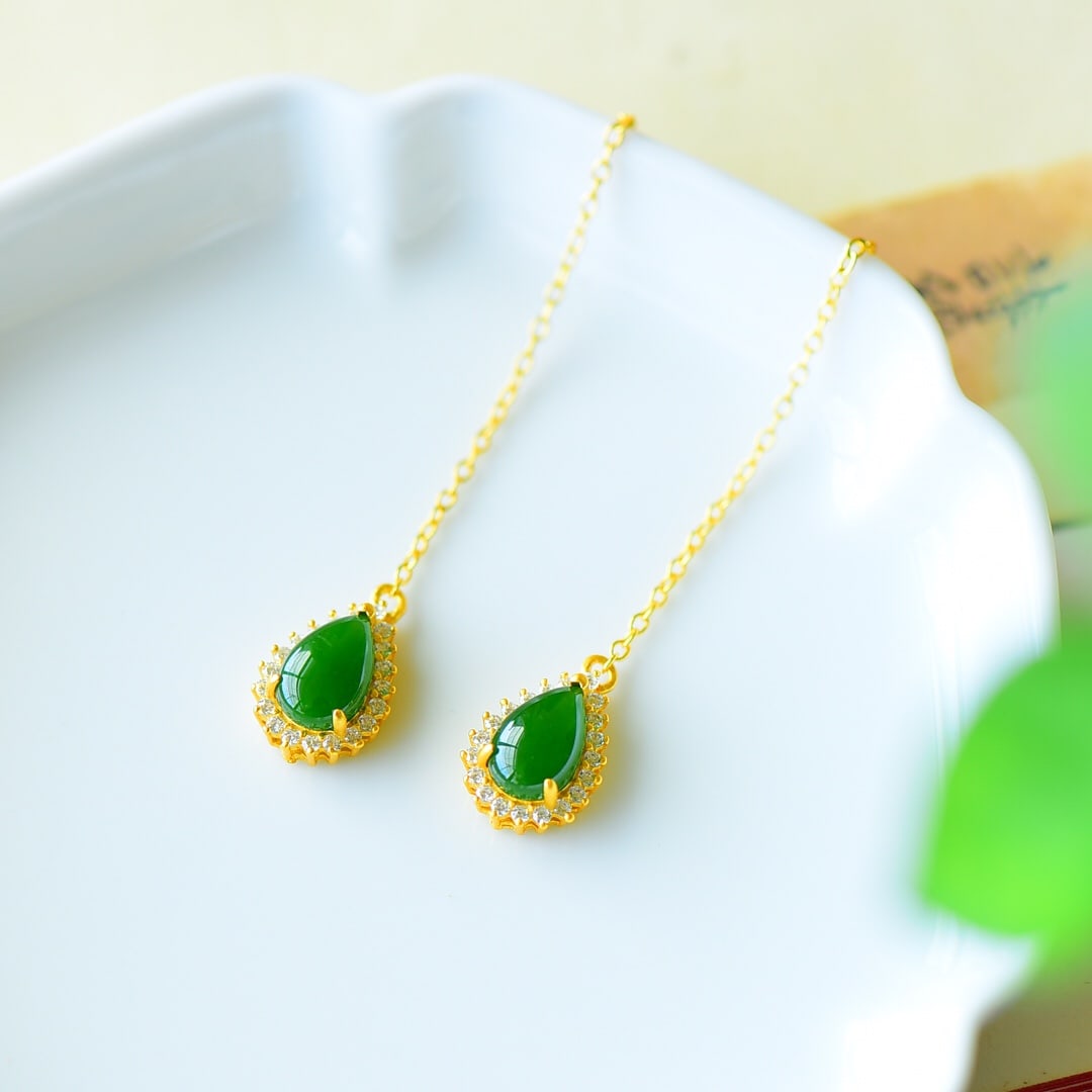 A Pair of Exquisite Sterling Silver-Gold Plated Inlaid Jasper Earrings,Inlaid Diamond: A Pair of Exquisite Sterling Silver-Gold Plated Inlaid Jasper Earrings,Inlaid Diamond,Size:0.4inx0.6in 一对纯银镀金镶碧玉耳环,嵌