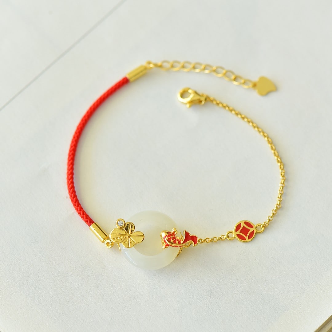 An Exquisite Sterling Silver-Gold Plated Inlaid White Jade Enamel Bracelet: An Exquisite Sterling Silver-Gold Plated Inlaid White Jade Enamel Bracelet 纯银镀金镶白玉珐琅手链
