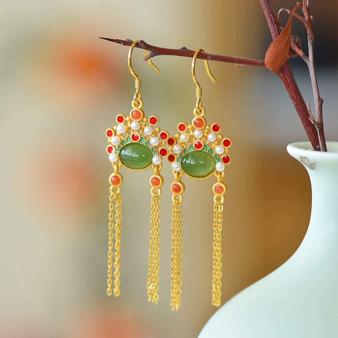 A Pair of Exquisite Sterling Silver-Gold Plated Inlaid Jasper Enamel Earrings,Inlaid Pearls: A Pair of Exquisite Sterling Silver-Gold Plated Inlaid Jasper Enamel Earrings,Inlaid Pearls,Size:0.3inx0.2in 一对纯银镀金镶碧玉珐琅