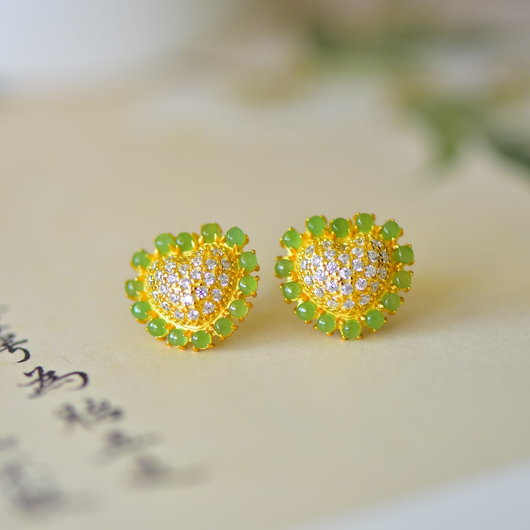 A Pair of Exquisite Sterling Silver-Gold Plated Inlaid Jasper Earrings,Inlaid Diamond: A Pair of Exquisite Sterling Silver-Gold Plated Inlaid Jasper Earrings,Inlaid Diamond,Size:0.1inx0.1in