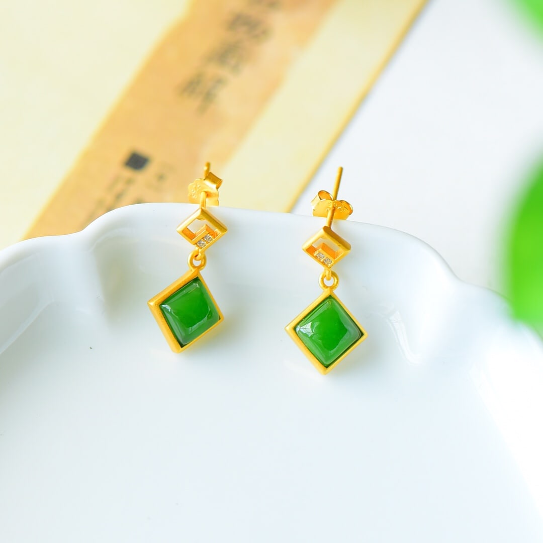 A Pair of Exquisite Sterling Silver-Gold Plated Inlaid Jasper Earrings,Inlaid Diamond: A Pair of Exquisite Sterling Silver-Gold Plated Inlaid Jasper Earrings,Inlaid Diamond,Size:0.4inx0.7in