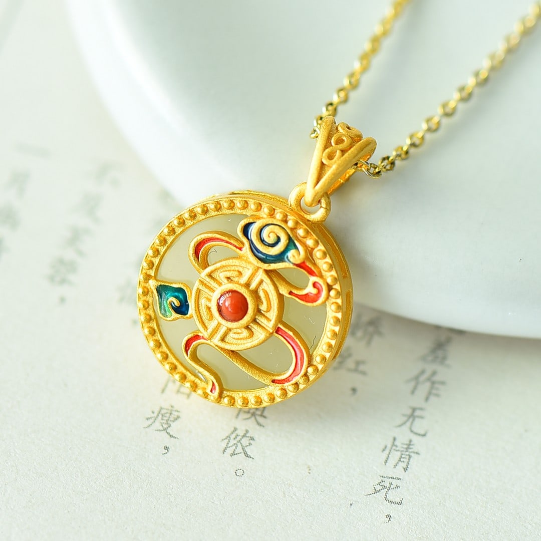 An Exquisite Sterling Silver-Gold Plated Inlaid White Jade Pendant: An Exquisite Sterling Silver-Gold Plated Inlaid White Jade Pendant 纯银镀金镶白玉吊坠