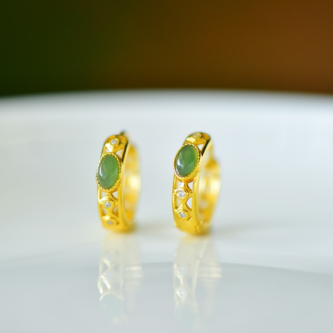 A Pair of Exquisite Sterling Silver-Gold Plated Inlaid Jasper Earrings,Inlaid Diamond: A Pair of Exquisite Sterling Silver-Gold Plated Inlaid Jasper Earrings,Inlaid Diamond,Size:0.1inx0.2in 一对纯银镀金镶碧玉耳环,嵌