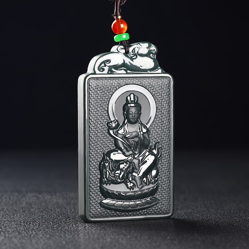 An Exquisite Cyan jade Statue of Manjusri Pendant: An Exquisite Cyan jade Statue of Manjusri Pendant,Size:2.8inx1.5inx0.3in 青玉文殊菩萨像挂件