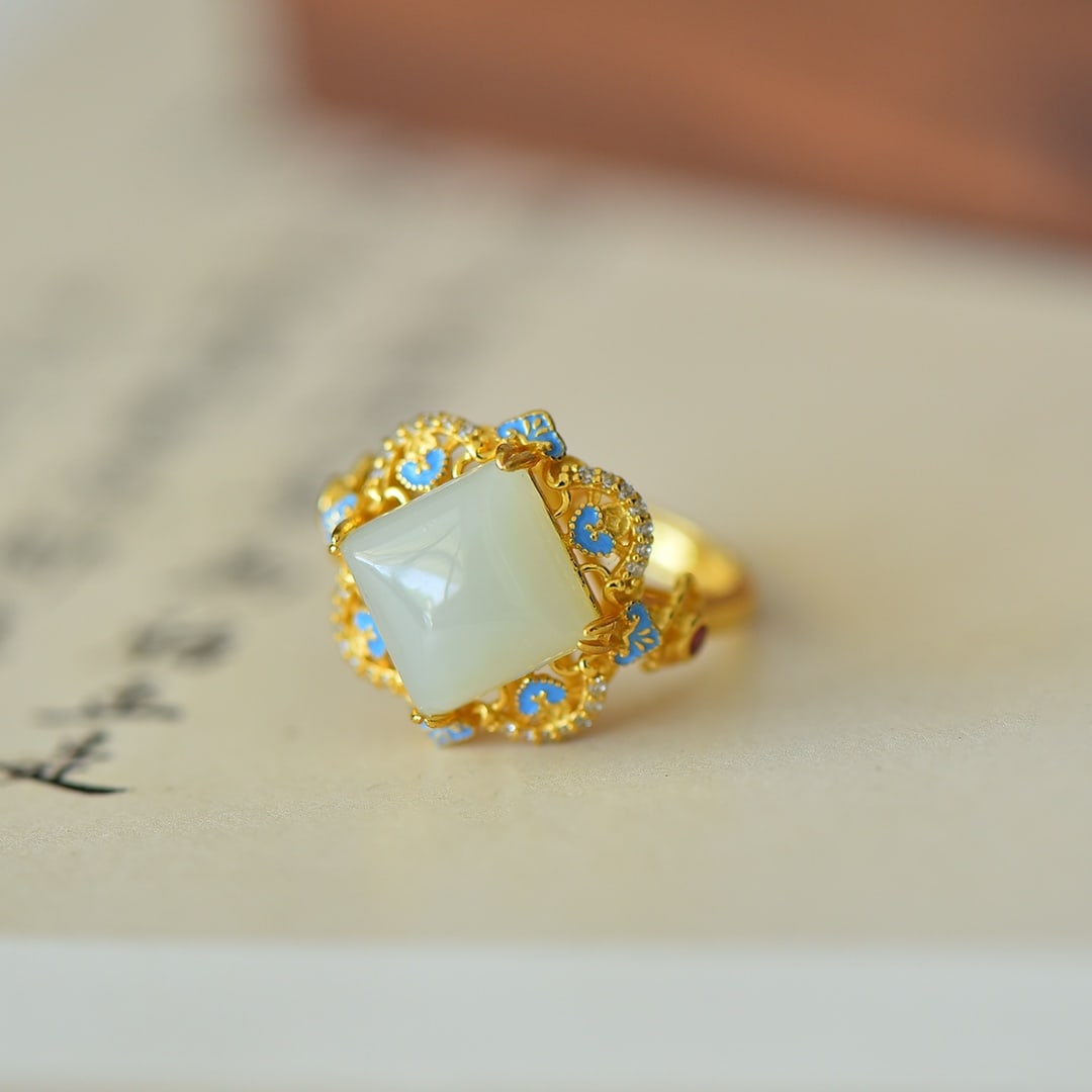 An Exquisite Sterling Silver-Gold Plated Inlaid White Jade Enamel Ring,Inlaid Diamond (1 of 5)