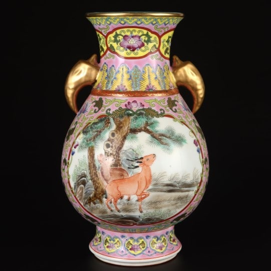 A Exquisite Enamel Auspicious Beast Pattern Double-Ears Vase: A Exquisite Enamel Auspicious Beast Pattern Double-Ears Vase,Qing Dynasty, China,Yongzheng Four-character Mark,Size:8.9inx5.6in 珐琅彩瑞兽纹双耳瓶
