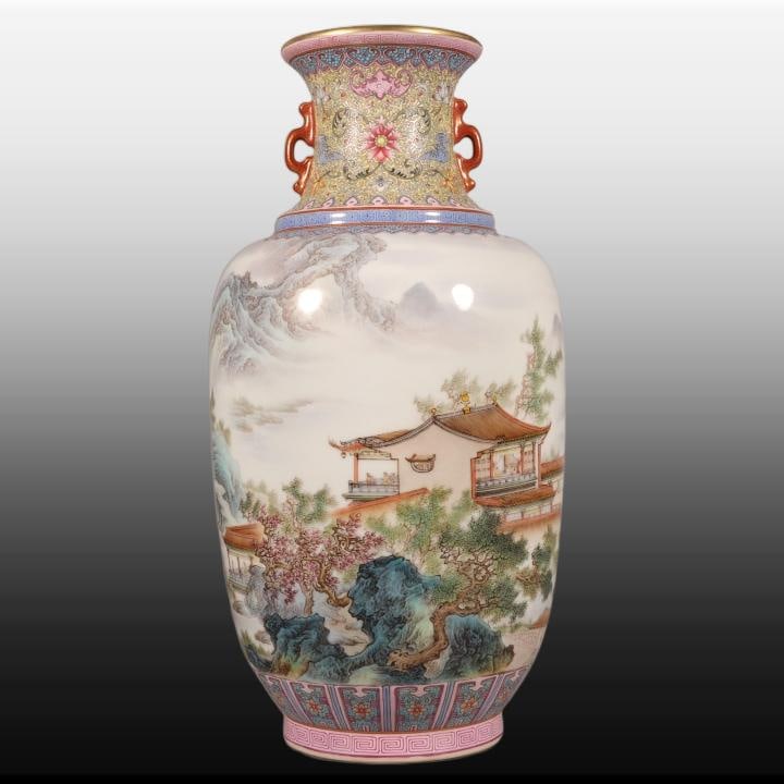 A Exquisite Famille-Rose Landscape Pattern Double-Ears Vase: A Exquisite Famille-Rose Landscape Pattern Double-Ears Vase,Qing Dynasty, China,Qianlong Six-character Mark,Size:12.6inx6.7in