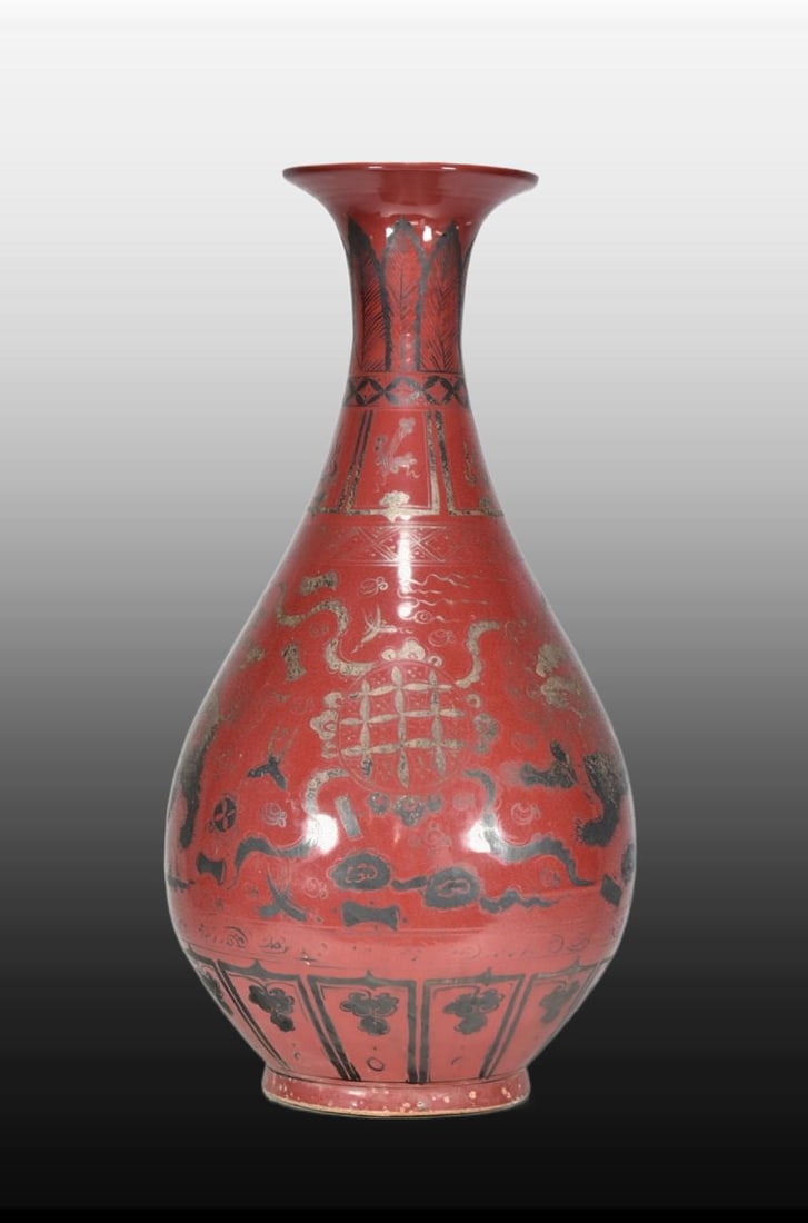 A Exquisite Red Glazed Painted Silver Lion Pattern Vase - 3