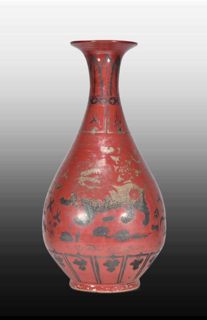 A Exquisite Red Glazed Painted Silver Lion Pattern Vase - 4