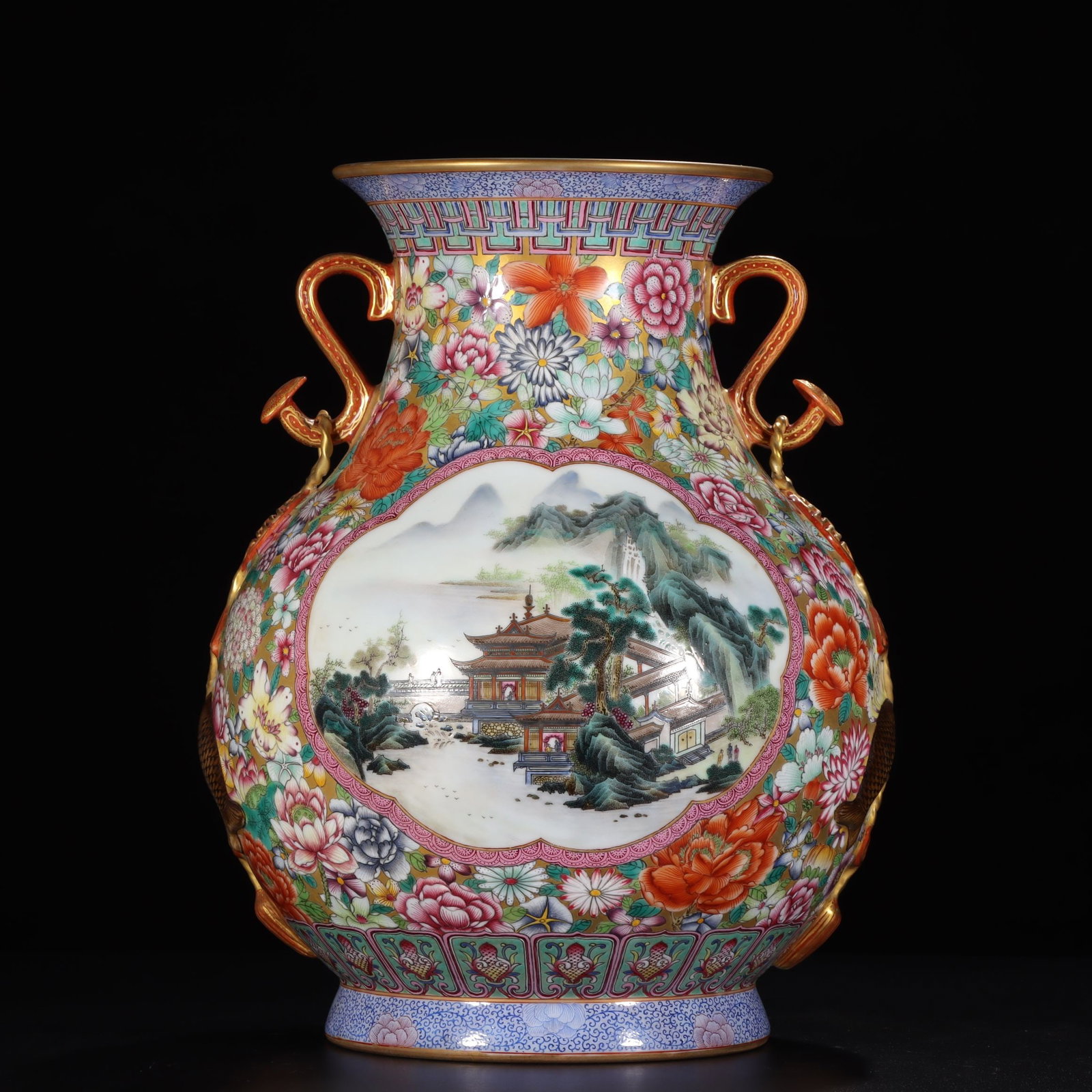Famille-Rose Painted Gold Landscape Pattern Ruyi-Ears Vase: Famille-Rose Painted Gold Landscape Pattern Ruyi-Ears Vase,Qing Dynasty, China,Qianlong Four-character Mark,Size:12.6inx6.2inx6.3in 粉彩描金山水纹如