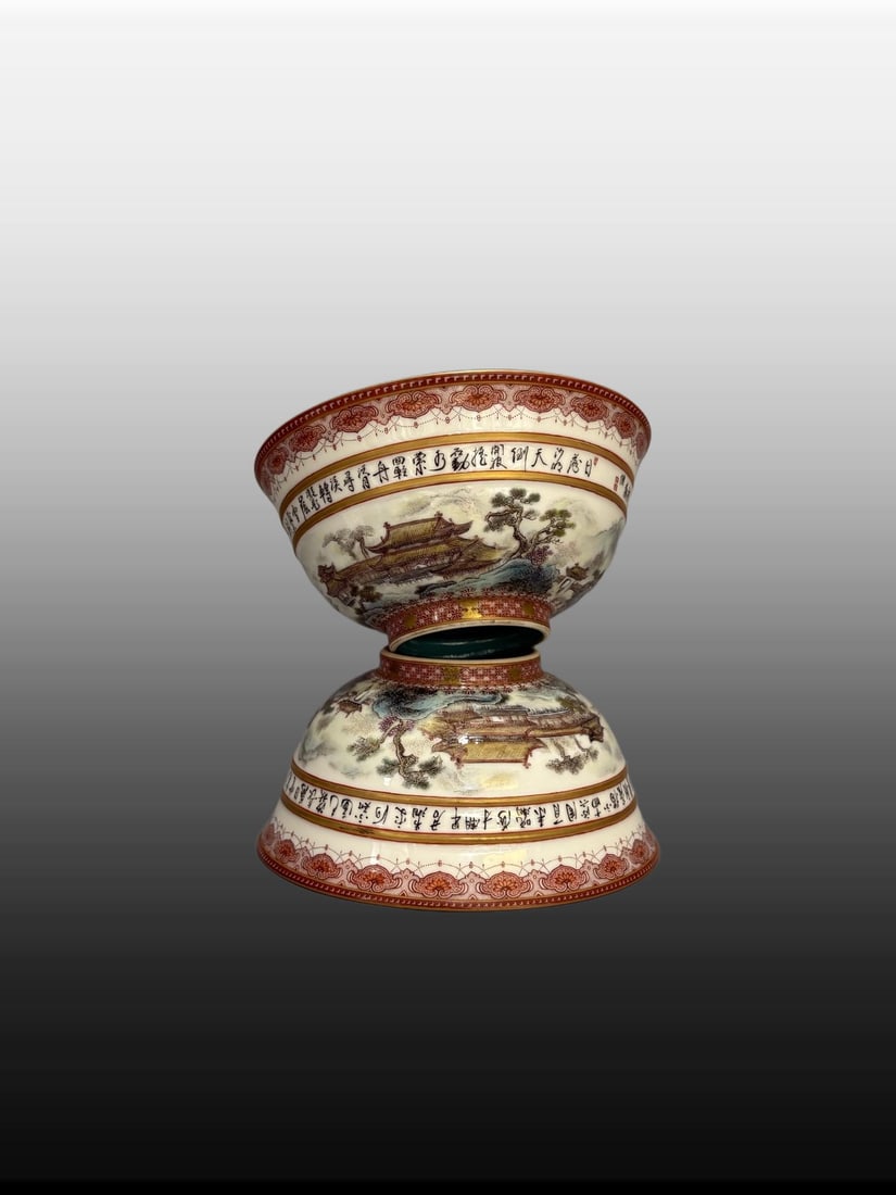 A pair of Exquisite Iron-Red Famille-Rose Landscape Pattern Bowl: A pair of Exquisite Iron-Red Famille-Rose Landscape Pattern Bowl,Qing Dynasty, China,Qianlong Six-character Mark,Size:3inx6.1in