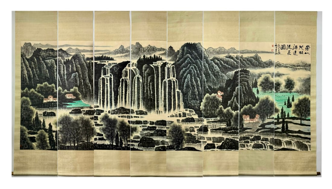 A Set of Chinese Vertical Scroll Ink Paintings of Landscape on Paper: A Set of Chinese Vertical Scroll Ink Paintings of Landscape on Paper,Modern Time of China,Li Keran,withoutframesize:141.7inx53.5in 一套中国水墨纸本ì