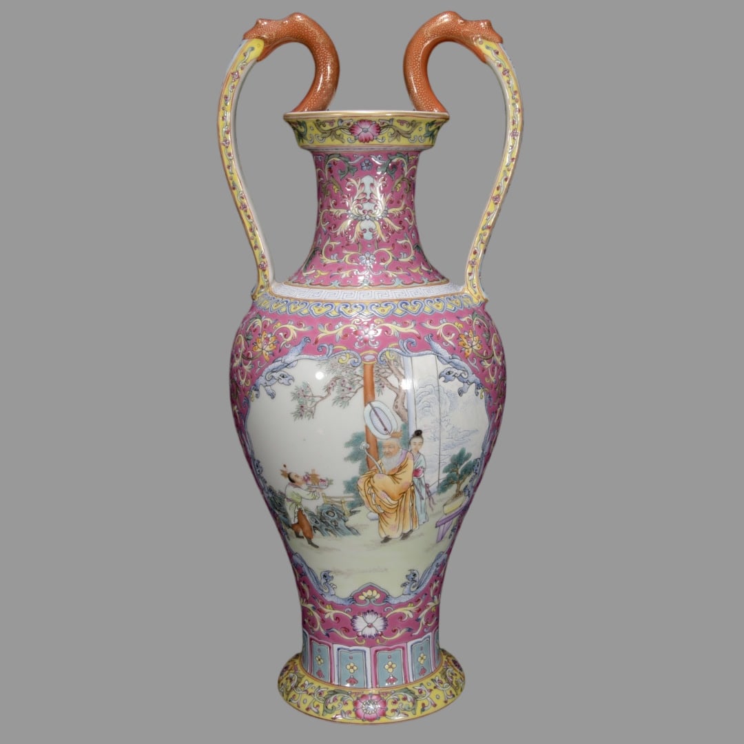 A Exquisite Famille-Rose Character and Story Pattern Double-Ears Vase: A Exquisite Famille-Rose Character and Story Pattern Double-Ears Vase,Qing Dynasty, China,Qianlong Six-character Mark,Size:15.4inx6.7in