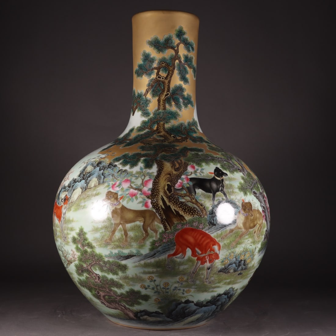 Famille-Rose Gold Ground Dog Pattern Vase: Famille-Rose Gold Ground Dog Pattern Vase,Qing Dynasty, China,Qianlong Six-character Mark,Size:20.9inx4.6inx7.1in