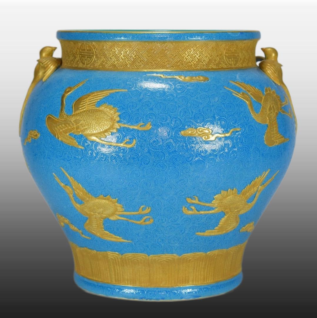 A Exquisite Blue Glazed Gilt Crane Pattern Vat: A Exquisite Blue Glazed Gilt Crane Pattern Vat,Qing Dynasty, China,Qianlong Four-character Mark,Size:12.6inx11.8in
