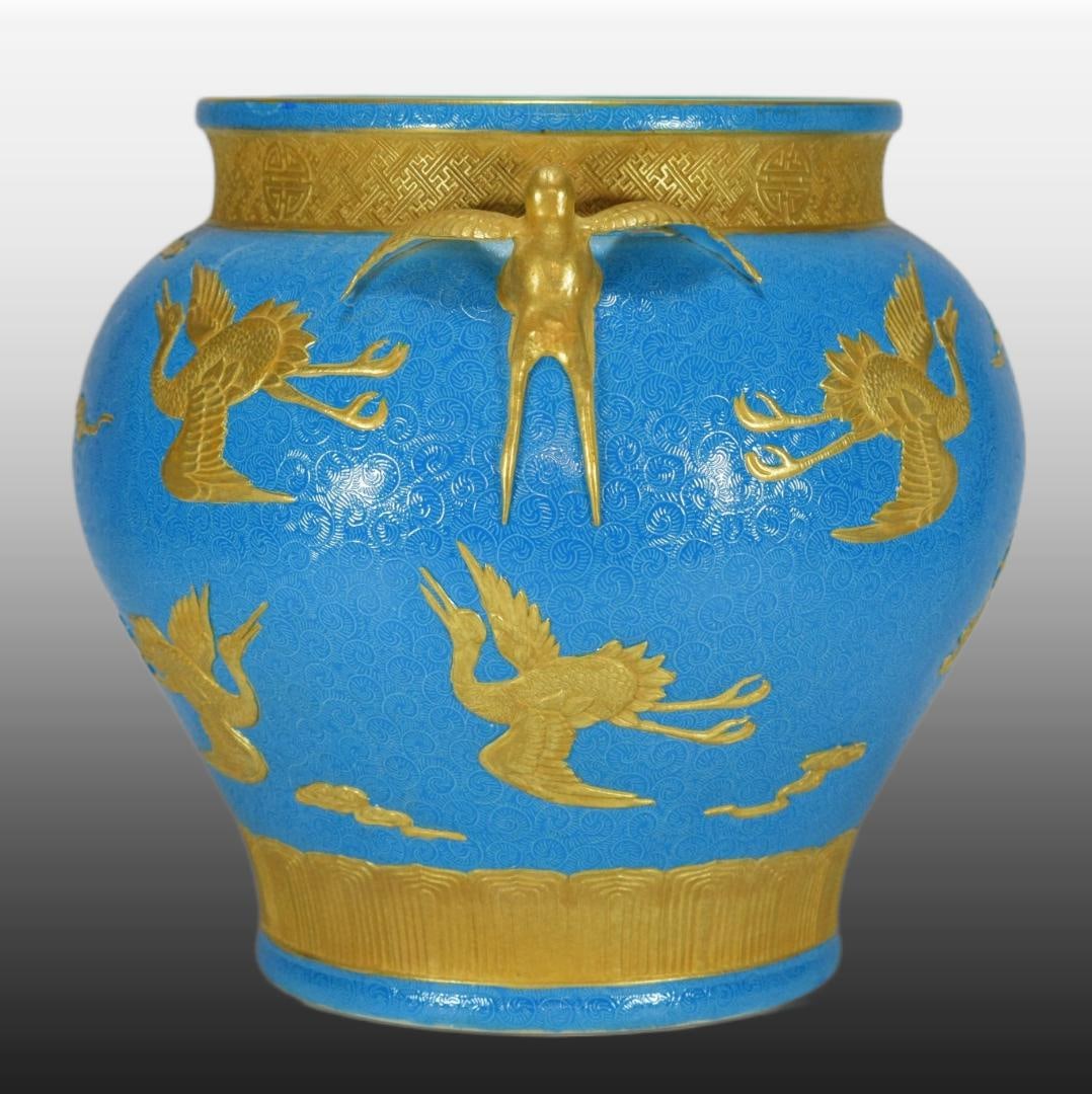 A Exquisite Blue Glazed Gilt Crane Pattern Vat - 2