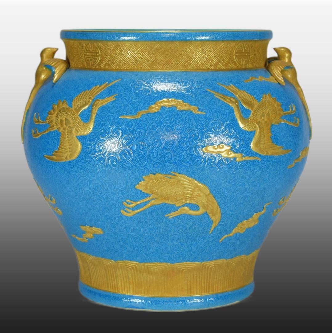 A Exquisite Blue Glazed Gilt Crane Pattern Vat - 3