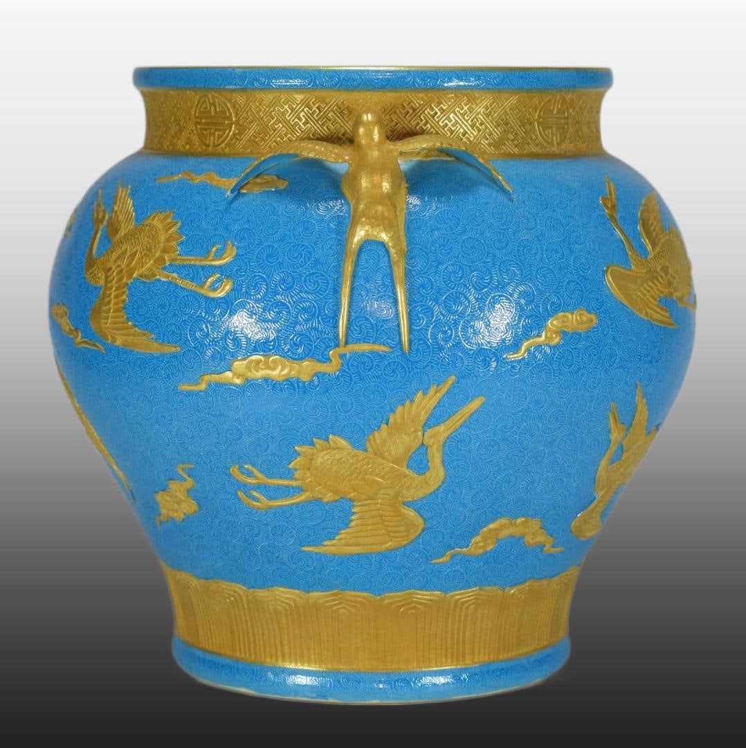 A Exquisite Blue Glazed Gilt Crane Pattern Vat - 4